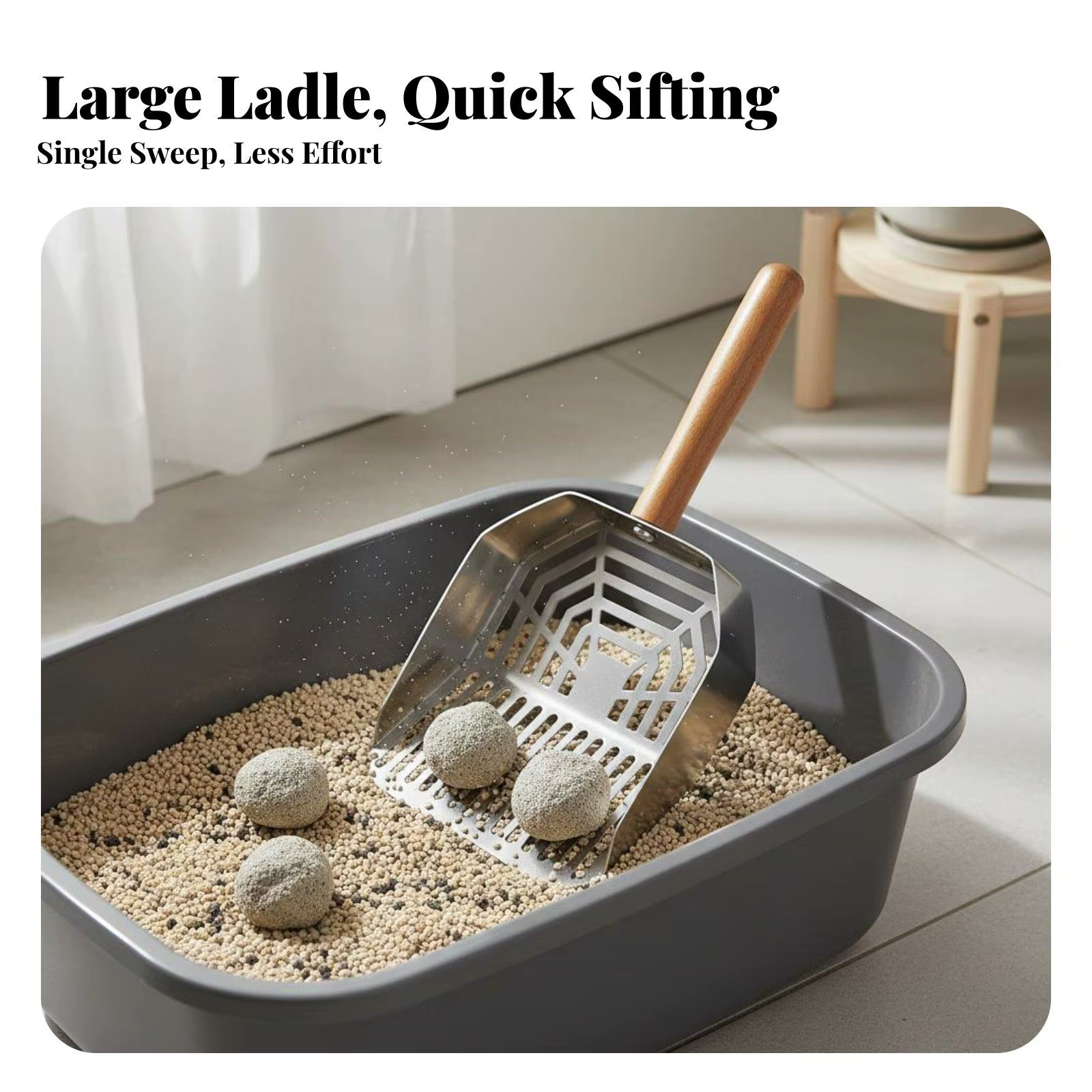 Pala para arena de gatos, acero inoxidable y mango madera - imagen 4