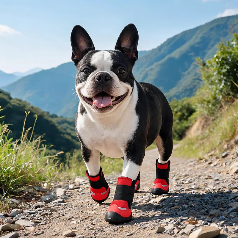 Perro con las cuatro botas puestas en exterior