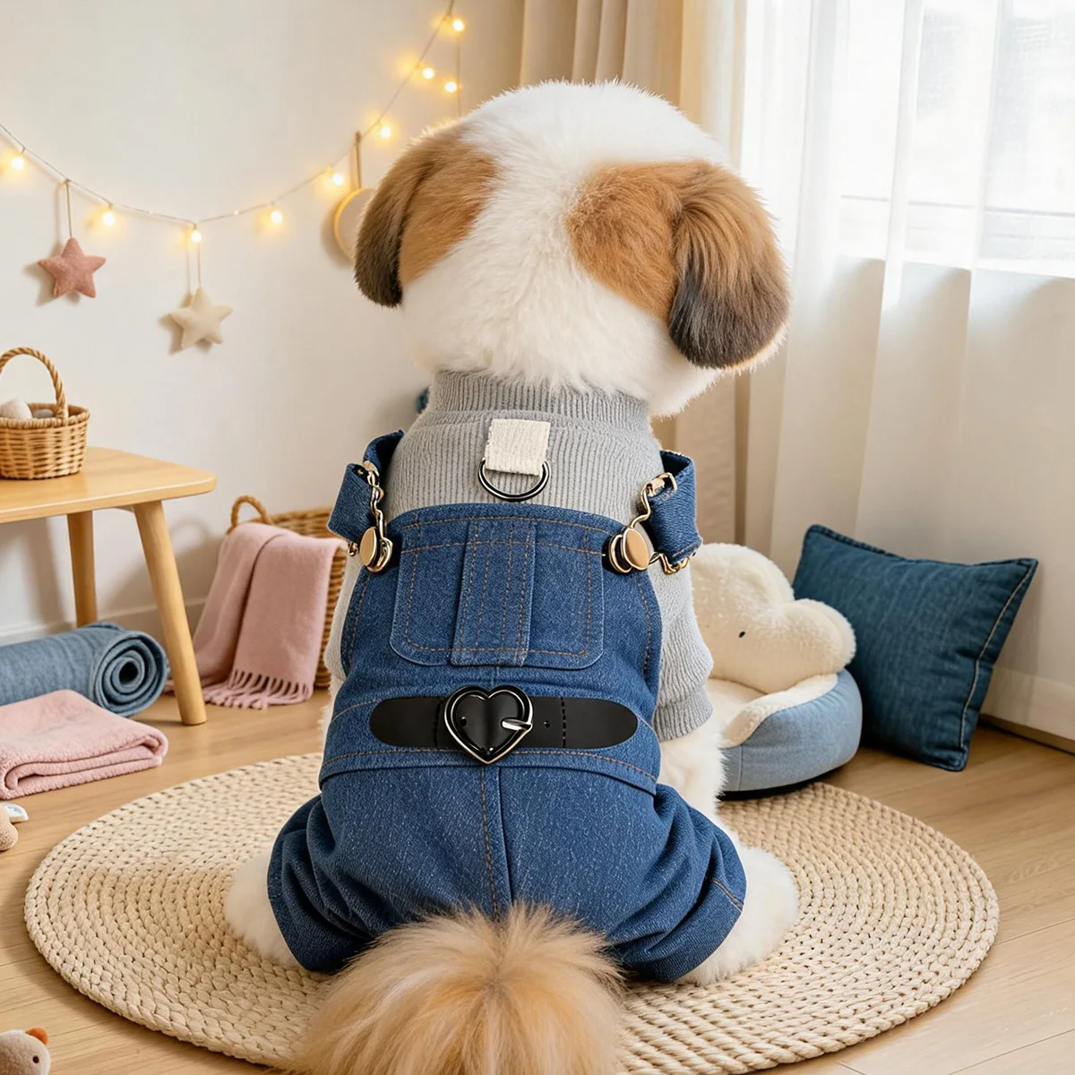 Mono para perro con tirantes – Ropa de mezclilla con corazón - imagen 4