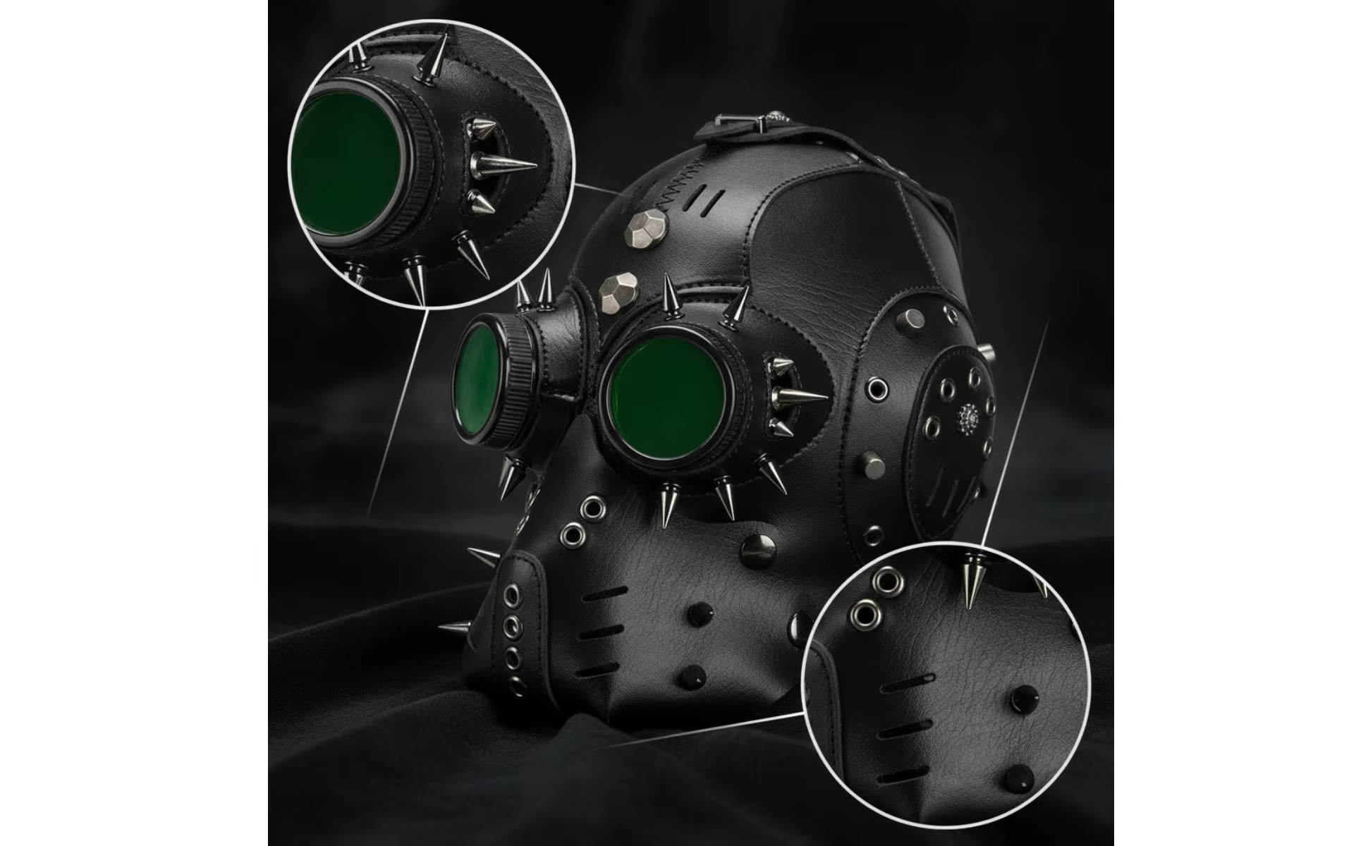 Máscara steampunk mecánica con remaches, vista general del diseño