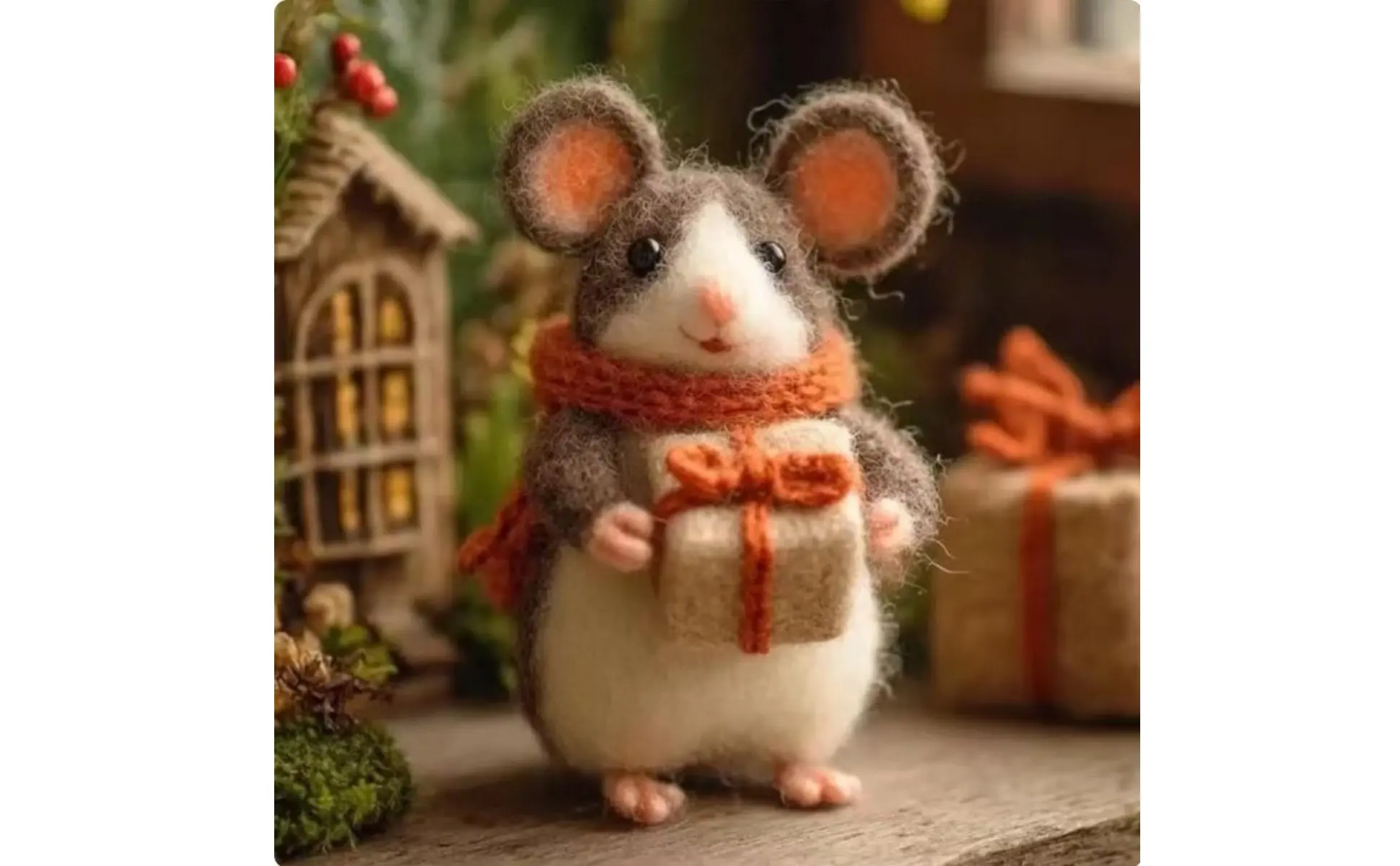 Detalle del gorro y bufanda del ratón navideño