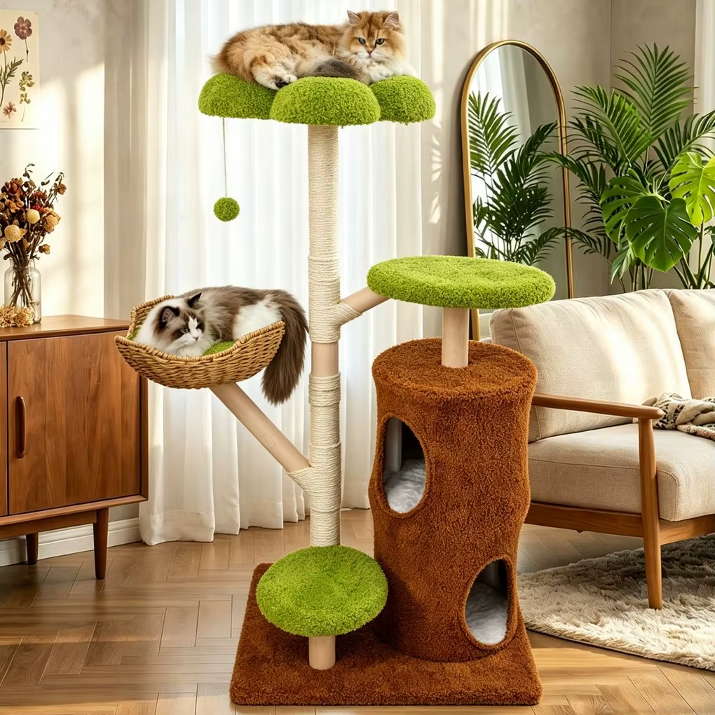Árbol gato con rascador, plataforma y cesta mimbre – Madera maciza - imagen 2