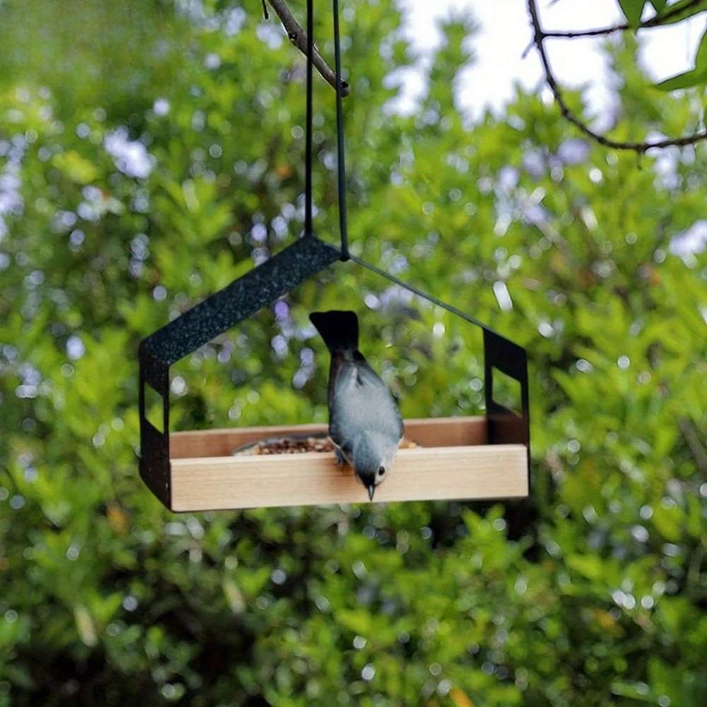Comedero colgante para pájaros de madera y metal, exterior - imagen 3