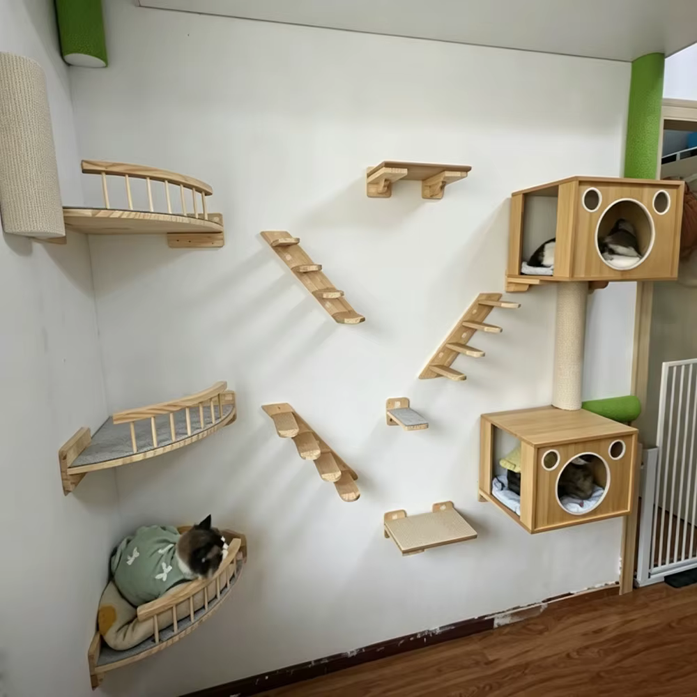 Estantes de escalada para gatos con hamaca curva y rascador en pared - imagen 4