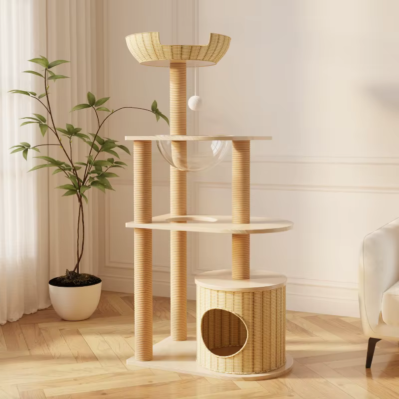 Árbol rascador para gatos de ratán con cama y plataforma - imagen 5