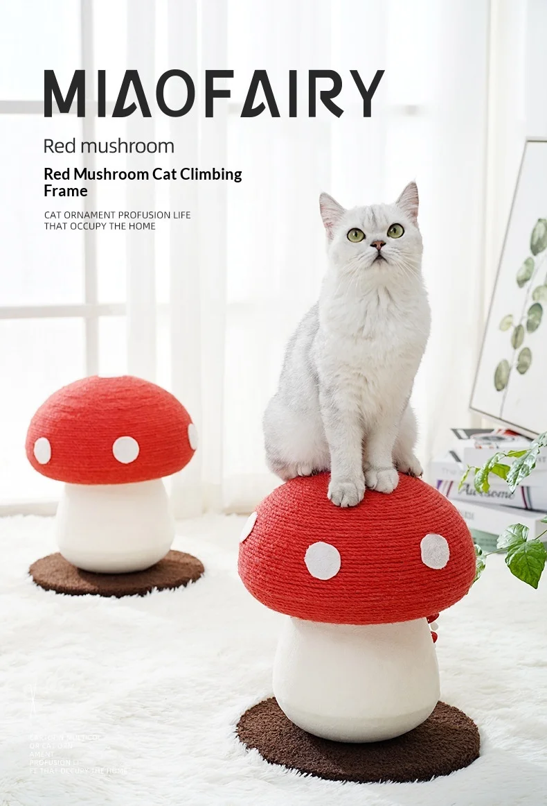Vista general del árbol para gatos con diseño de hongo rojo