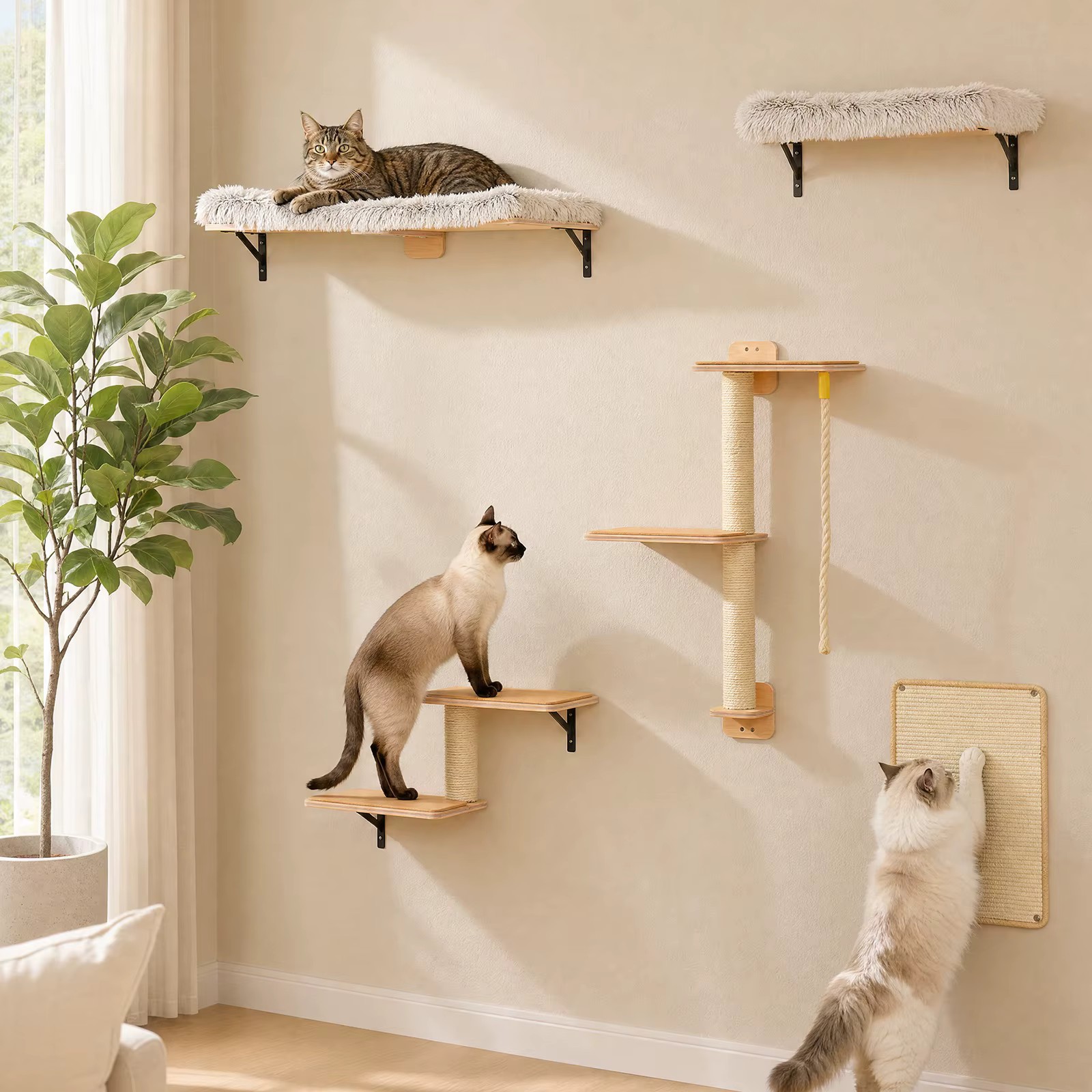 Rascador de pared para gatos: estantes y cuerdas de trepa interior
