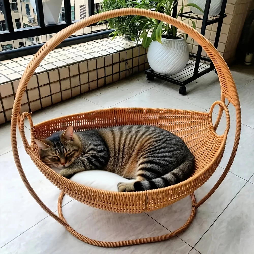 Cama cesta ratán transpirable para gatos y perros pequeños - imagen 4
