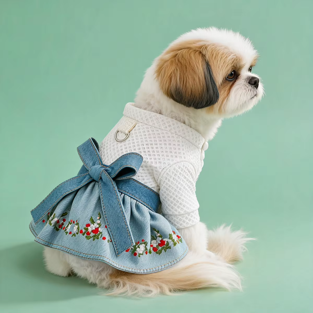 Vestido Vaquero Bordado para Perro Pequeño con Lazo y Flores - imagen 5