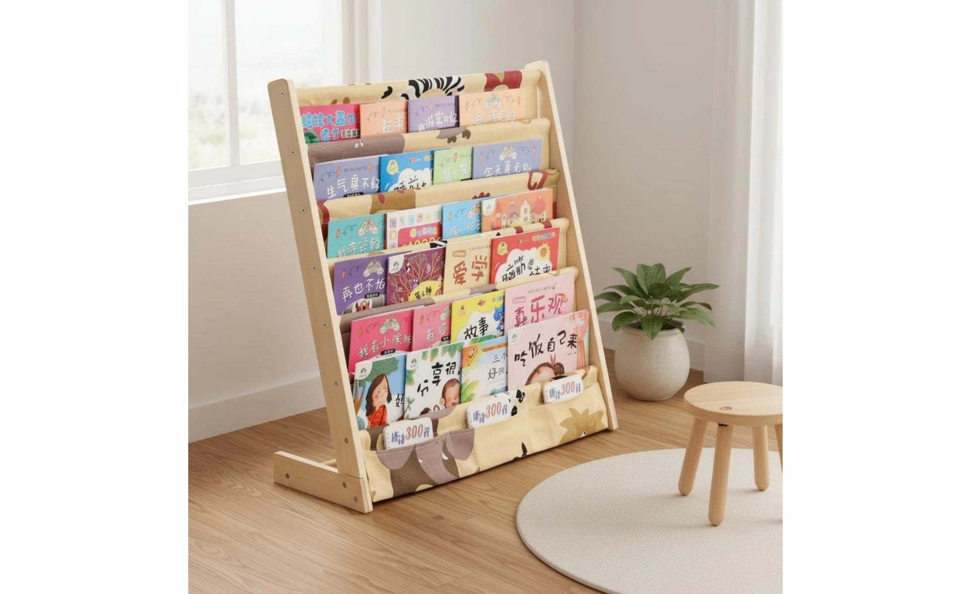 Organización de libros infantiles en estantería de pie