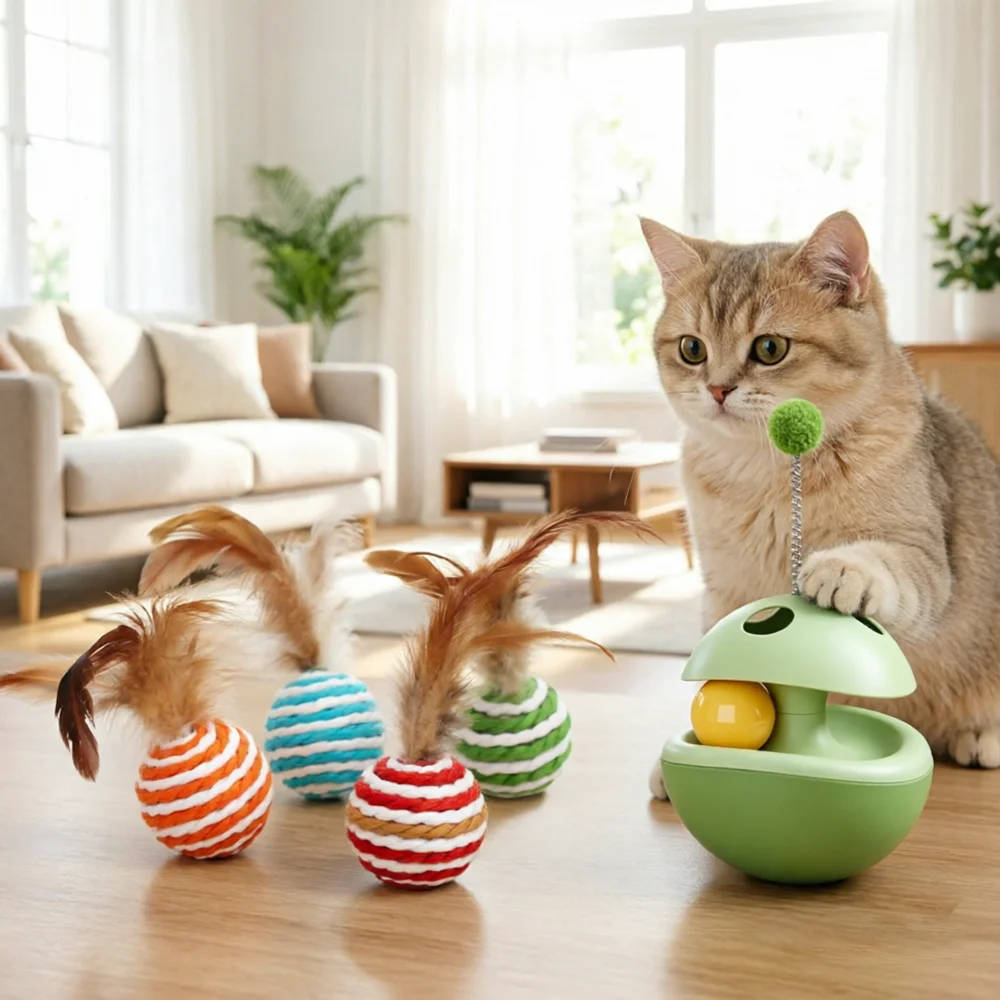 Dúo de Juguetes Interactivos para Gatos: Dispensador de Golosinas y Pelota de Sisal