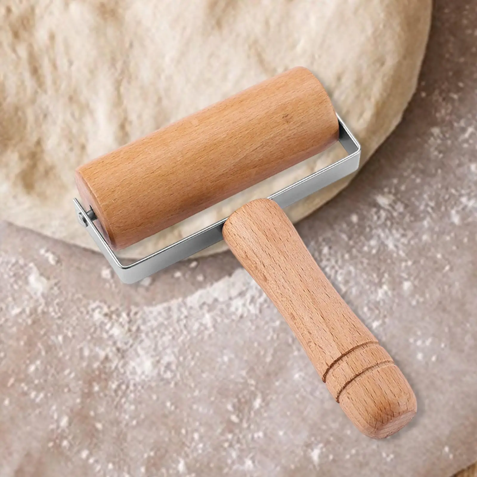 Rodillo de masa con mango de madera y soporte de acero inoxidable para repostería