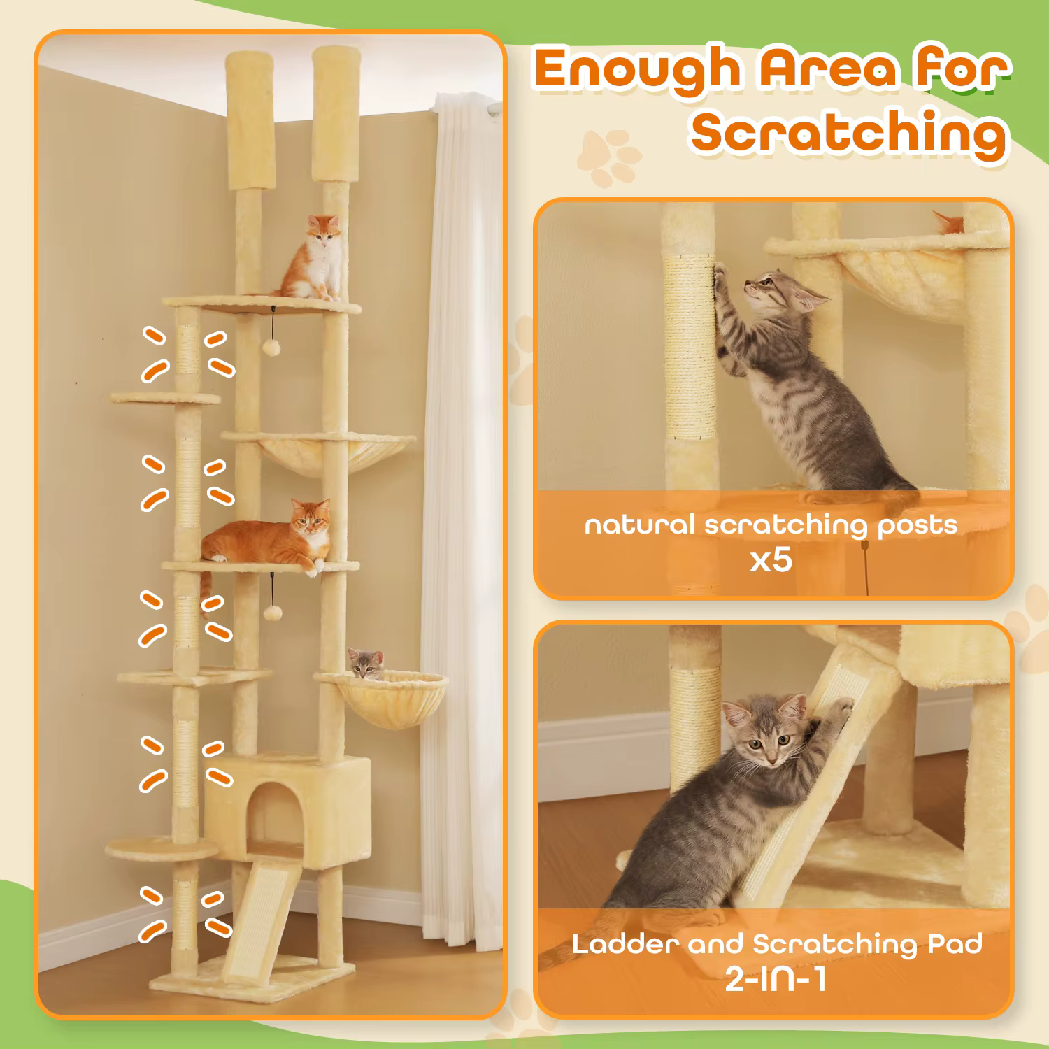 Torre ajustable para gatos piso a techo con rascador de sisal - imagen 2