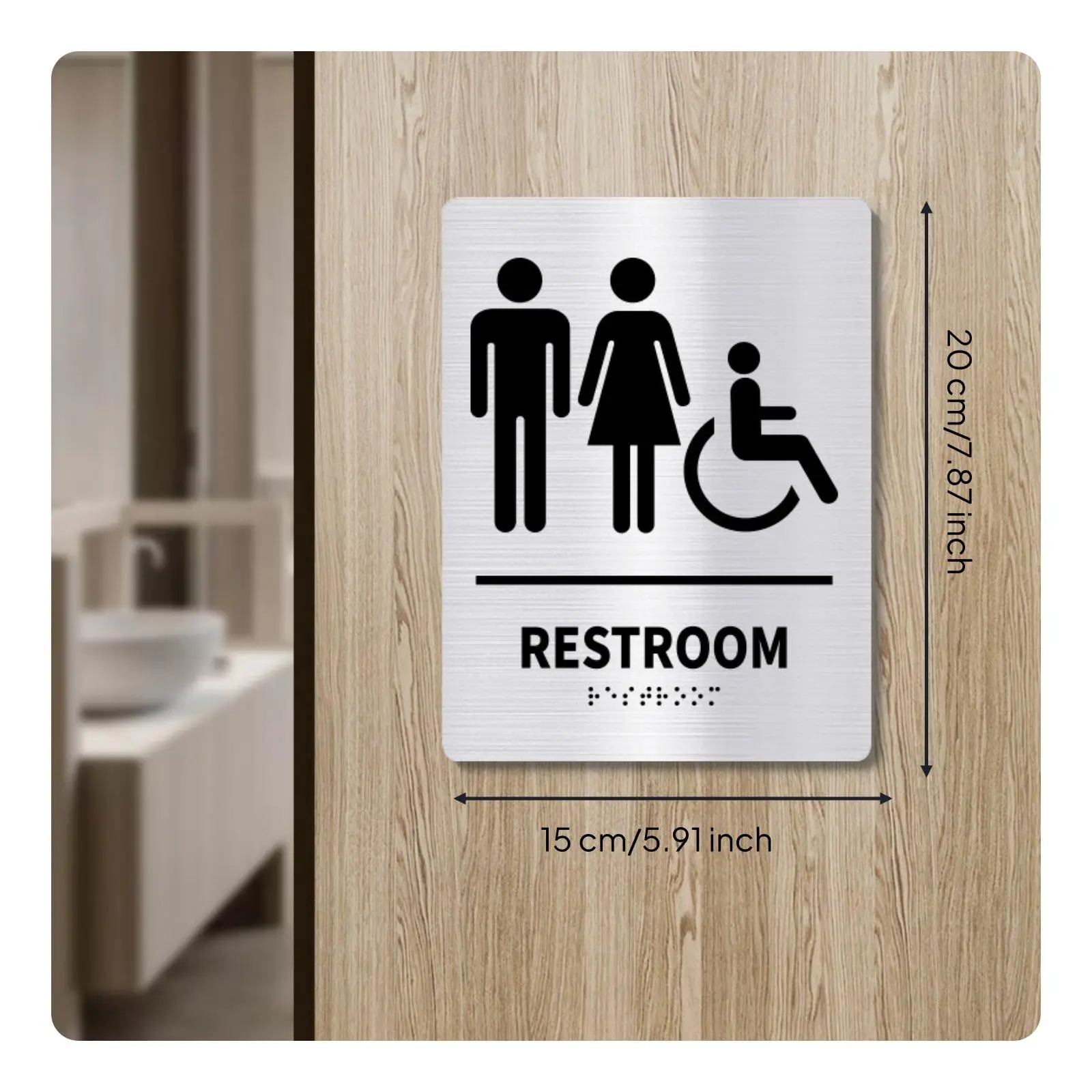 Placa baño unisex metal cepillado con braille hotel - imagen 2