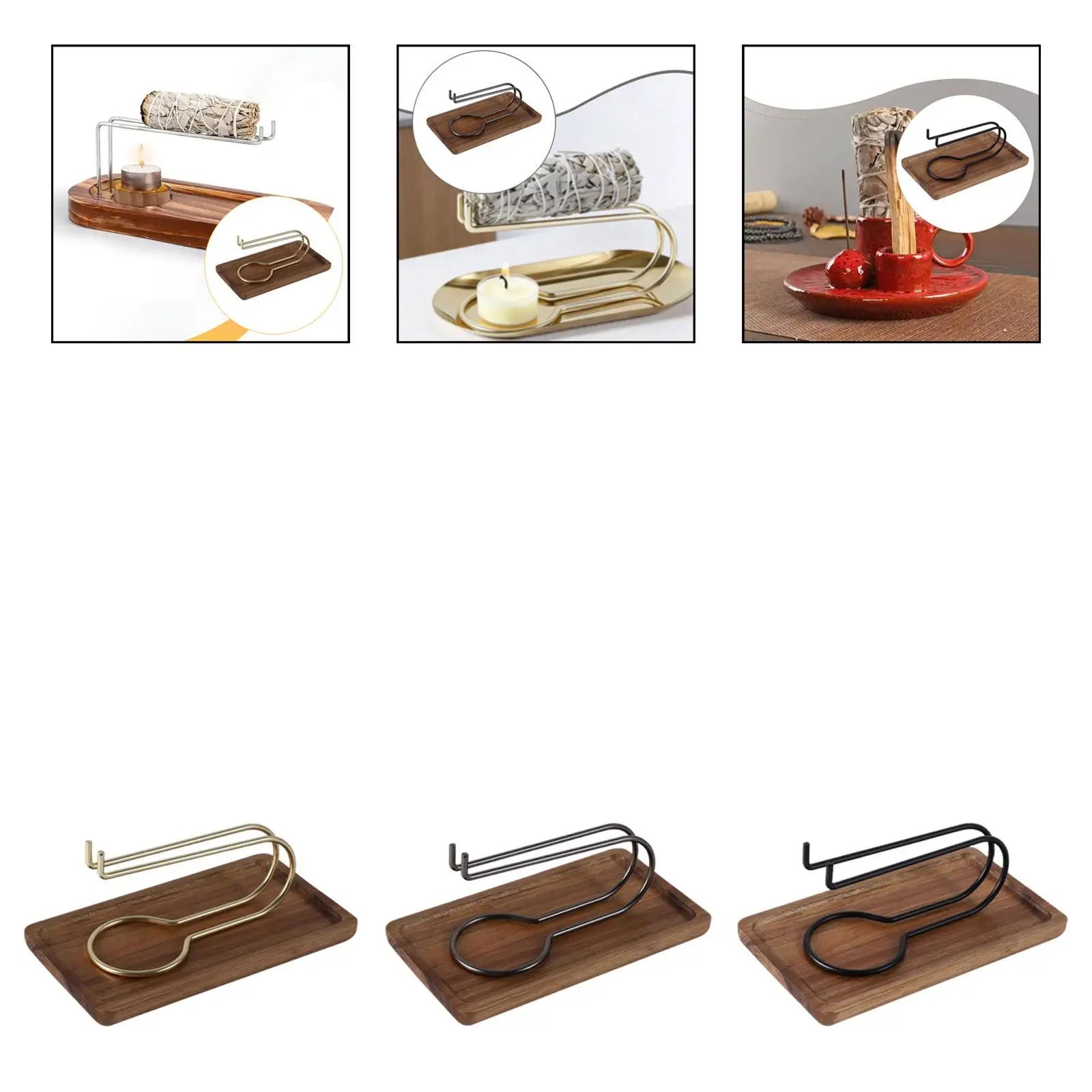 Quemador de incienso de madera y metal con bandeja