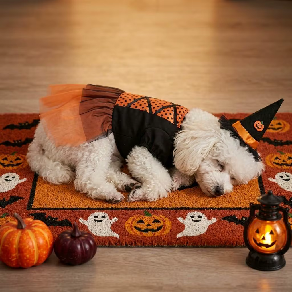 Perro luciendo el disfraz de bruja en ambiente festivo de Halloween