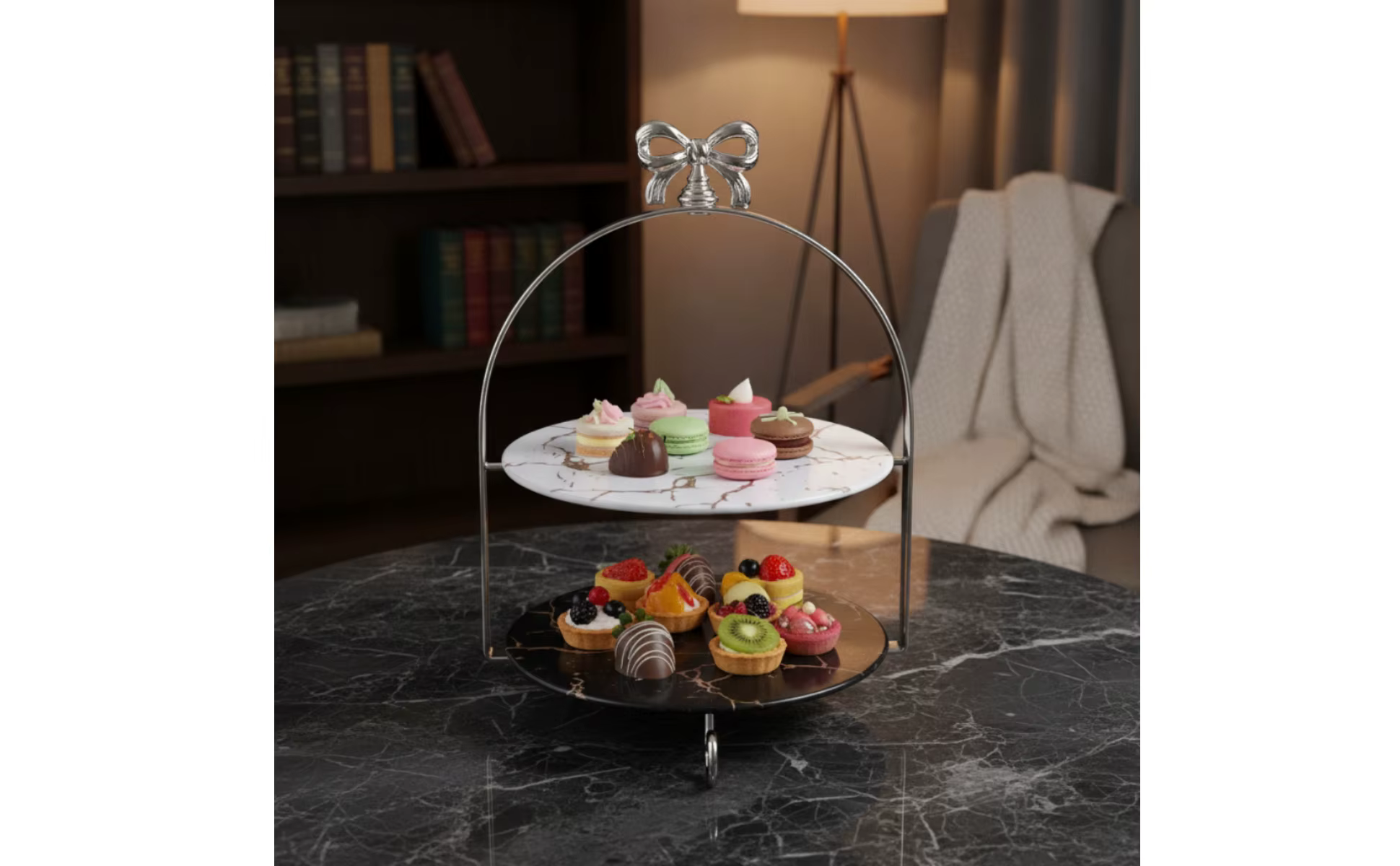 Soporte Arqueado para Postres con platos redondos y adorno de mariposa