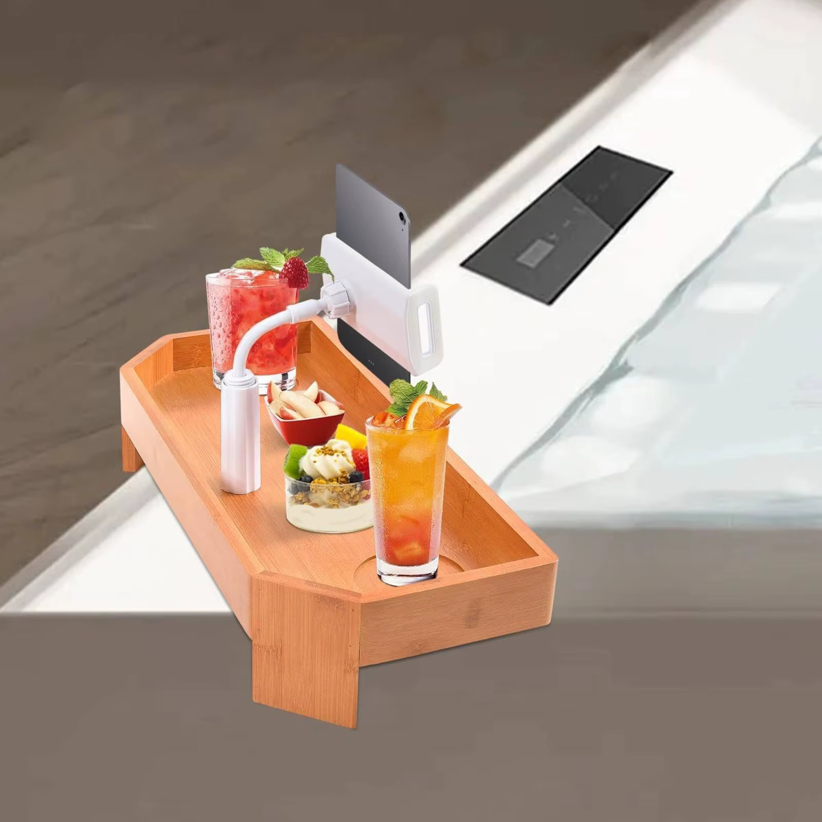 Bandeja Bañera Ajustable para Gatos y Perros – Organizador de Bambú con Soporte Tablet - imagen 4