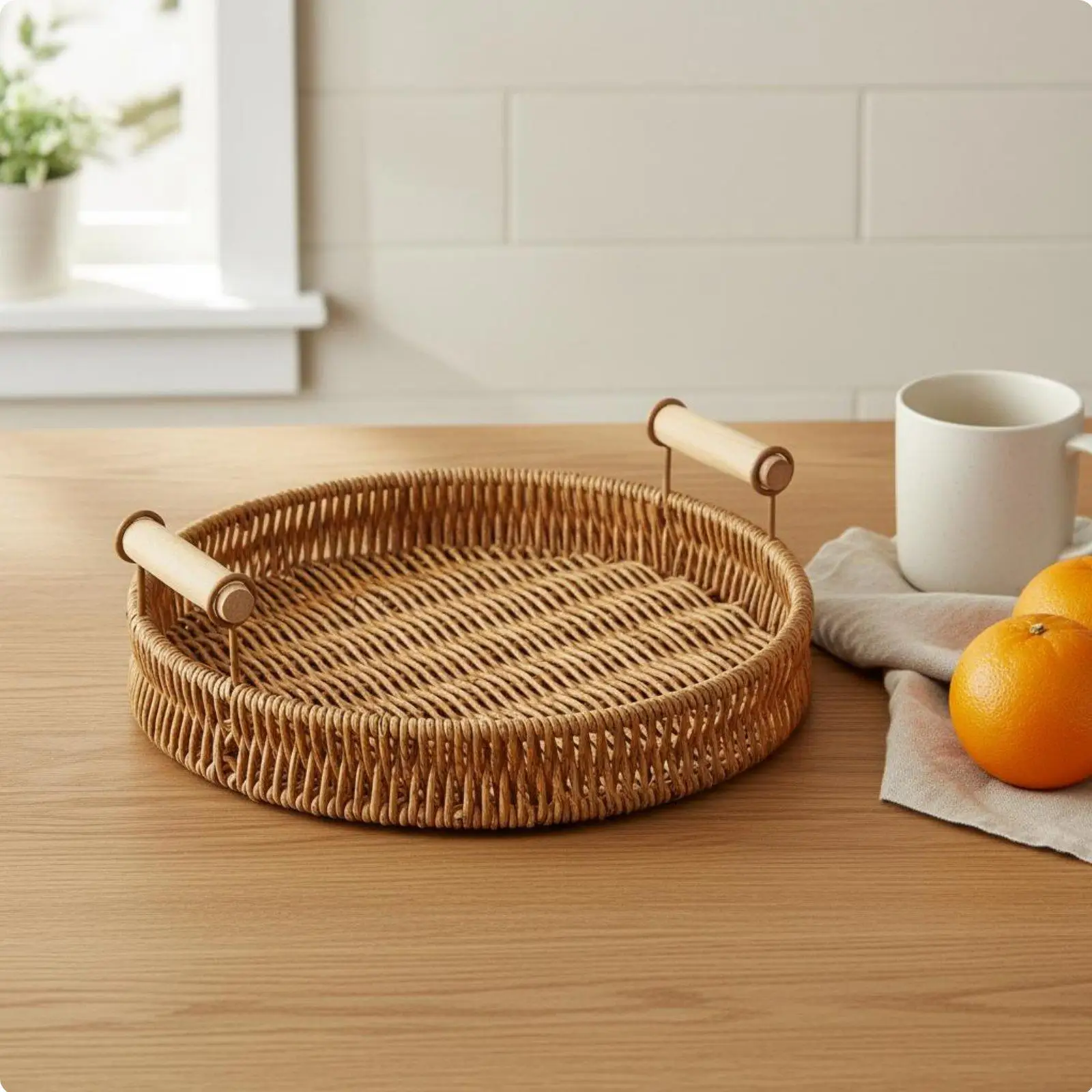 Bandeja decorativa rústica de ratán con asas de madera - imagen 5
