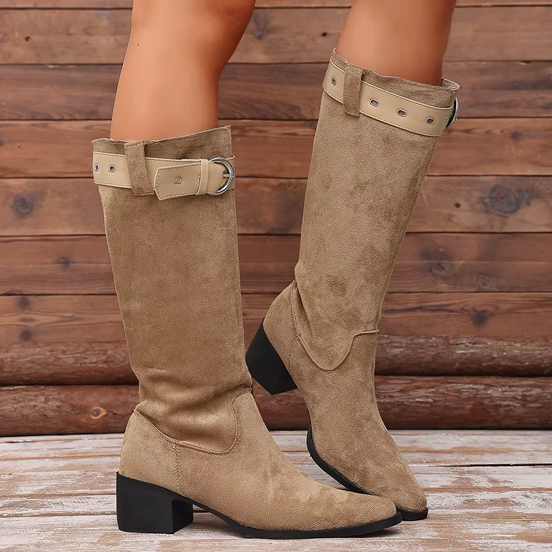 Botas altas de mujer con tacón ancho, punta fina y hebilla - imagen 5