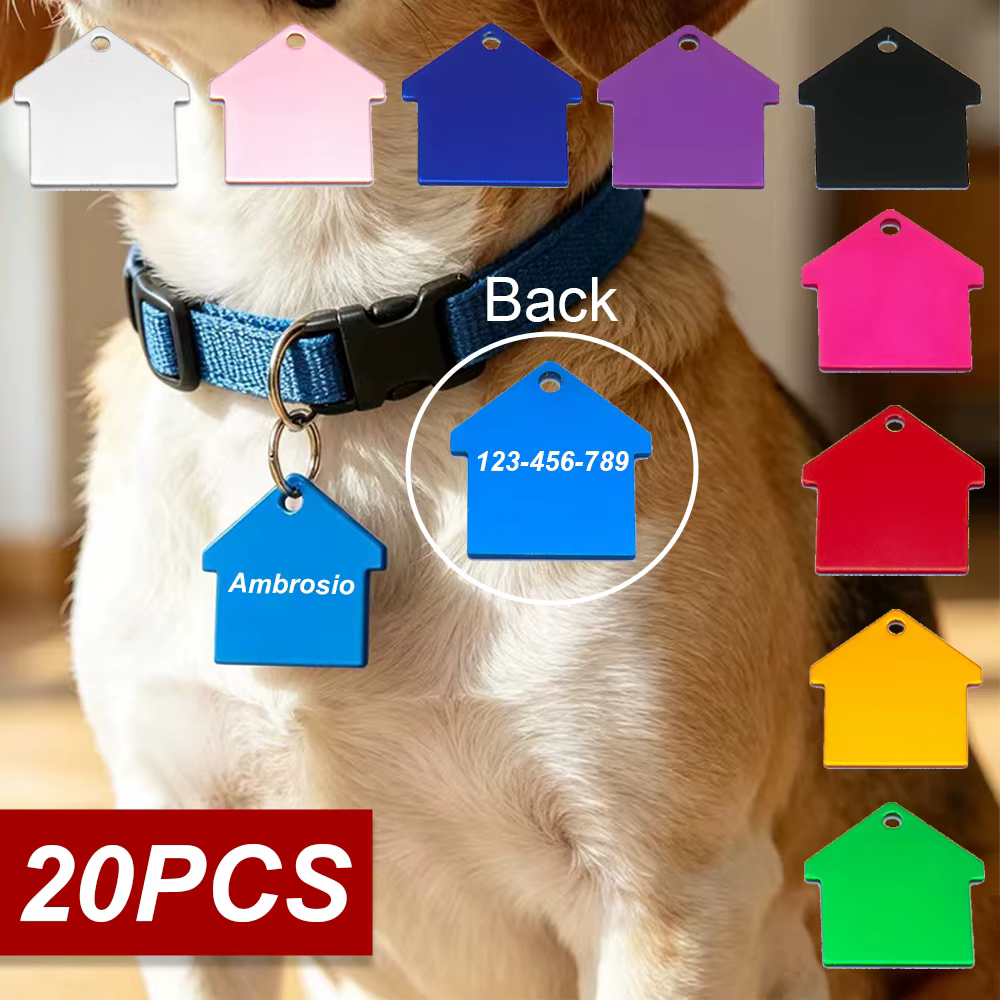 Placa de identificación para perro con forma de casa y acabado metálico