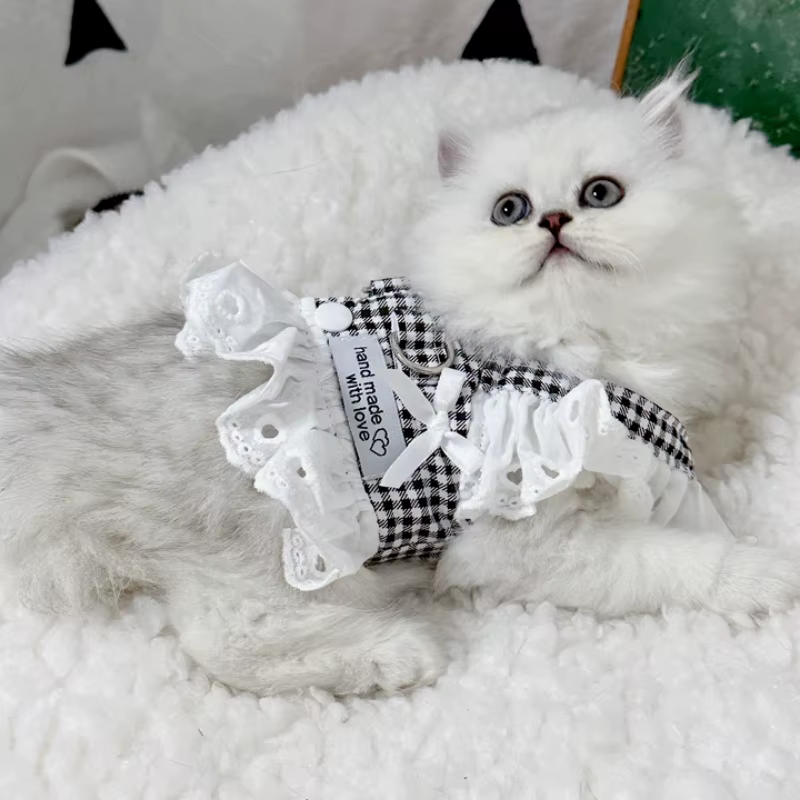 Vestido arnés a cuadros con encaje y lazo para perro pequeño - imagen 2