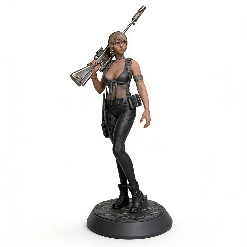 Estatua Sniper Girl vista frontal con rifle