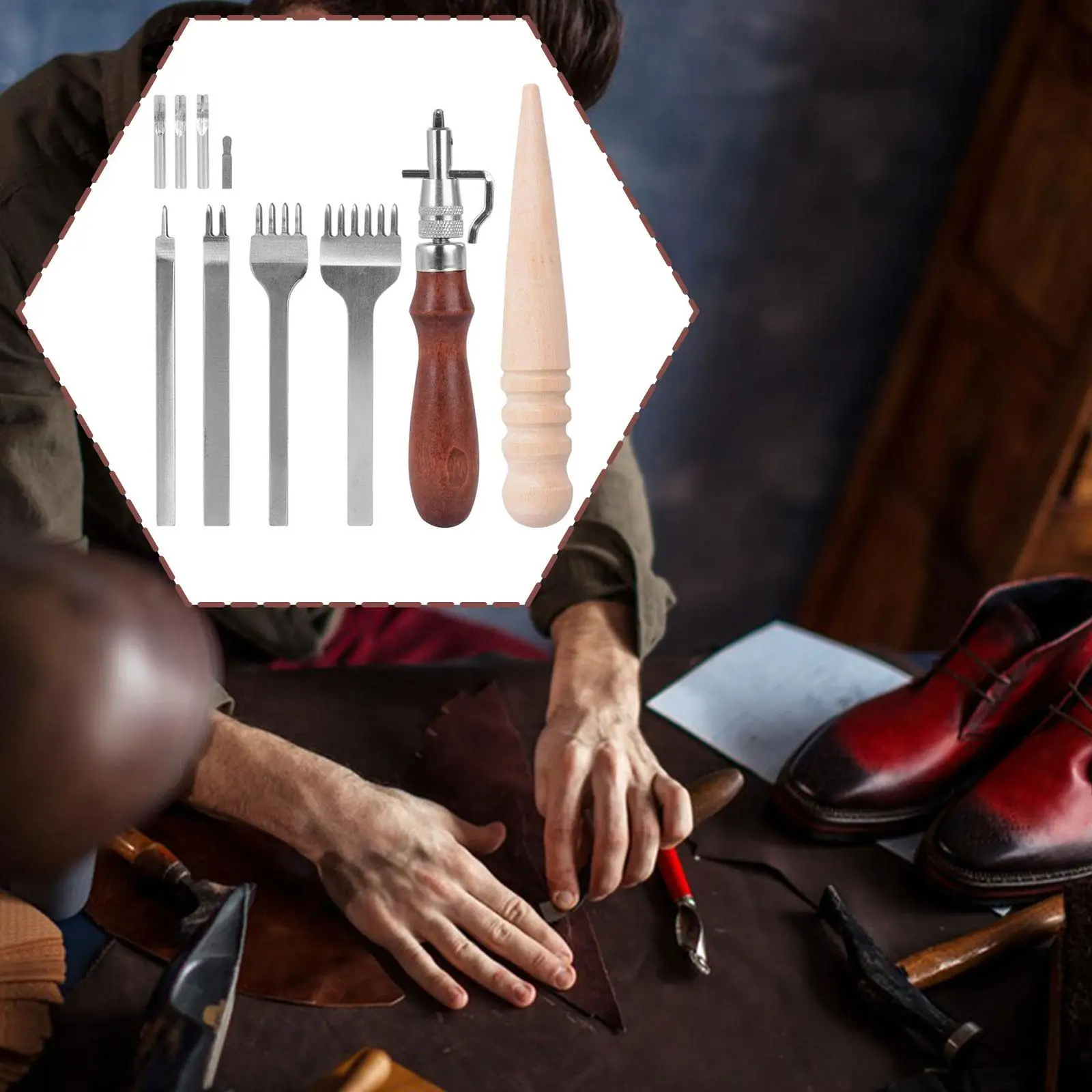 Kit completo de herramientas de cuero con mangos de madera