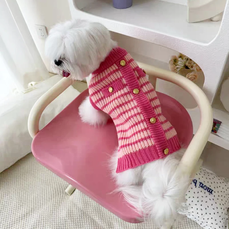 Suéter a Rayas para Perros Pequeños – Chaqueta Cálida Rosa para Otoño e Invierno - imagen 4
