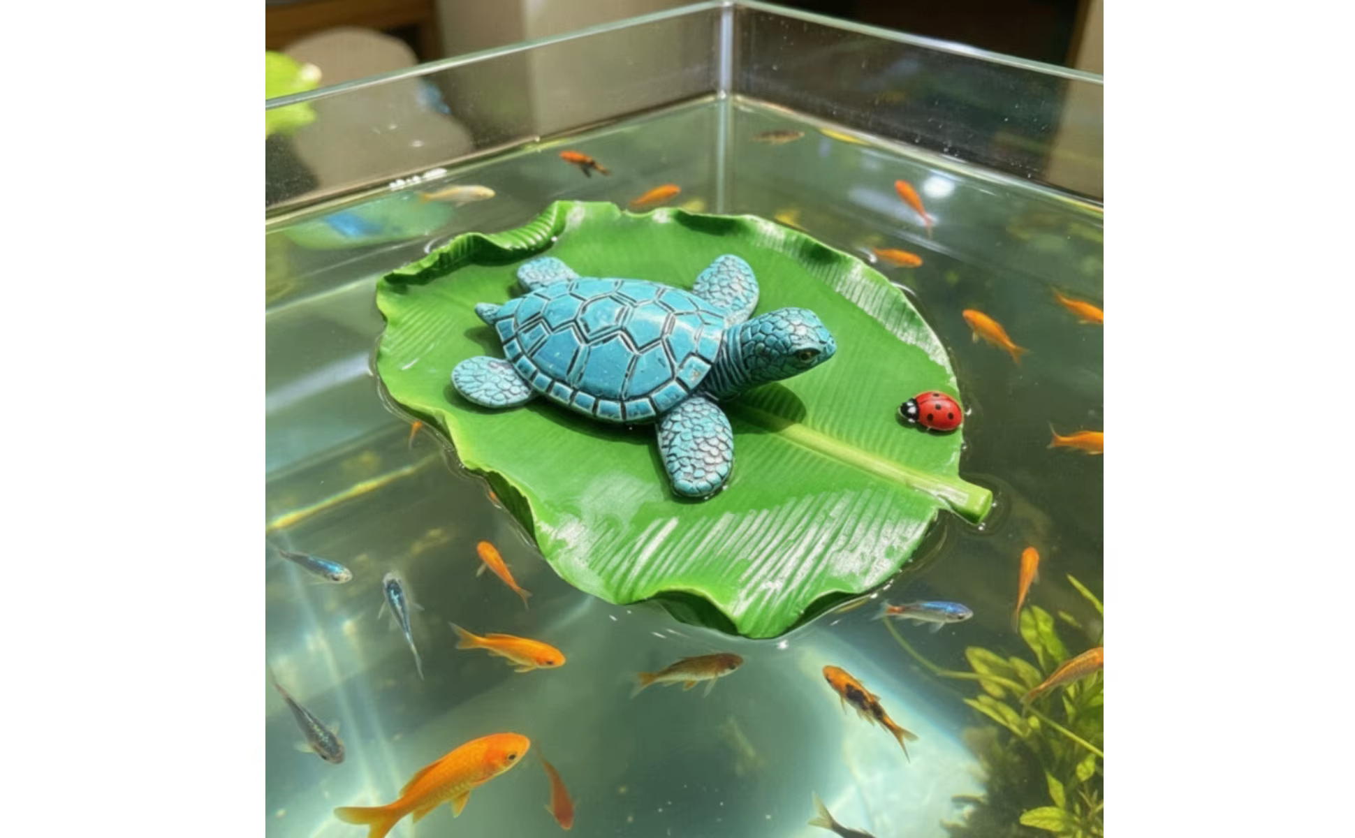 Detalle de la tortuga azul sobre la hoja verde