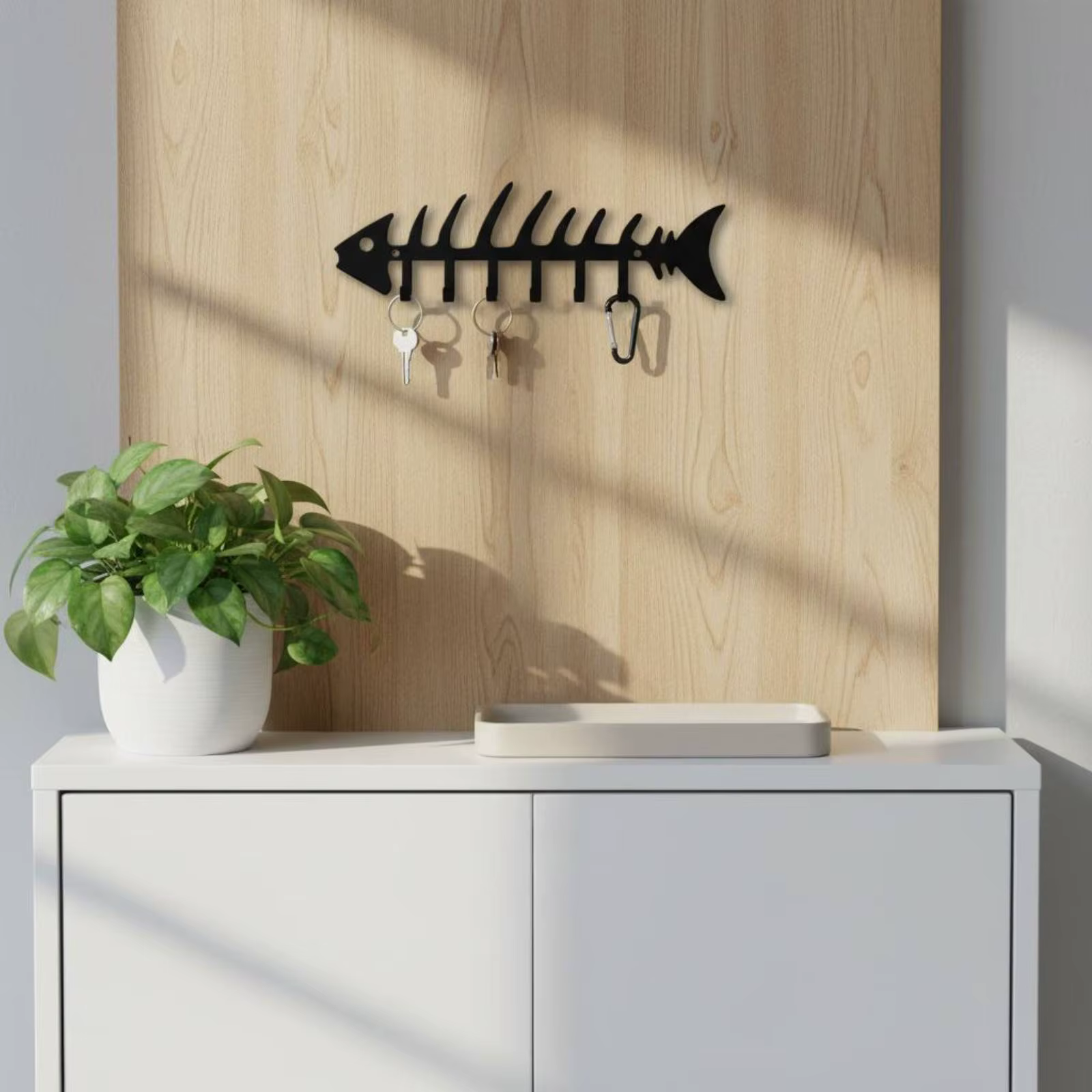 Colgador de llaves metálico de pared con diseño de espina de pez