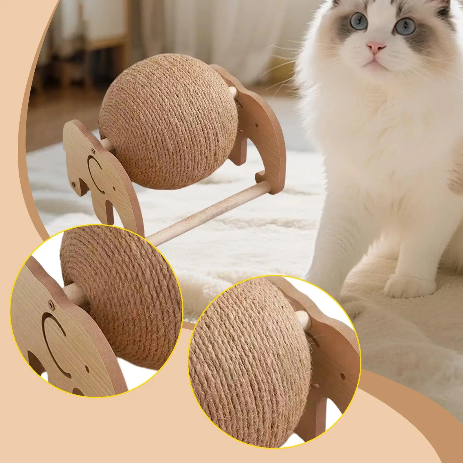 Pelota rascadora de sisal con soporte de madera vista frontal