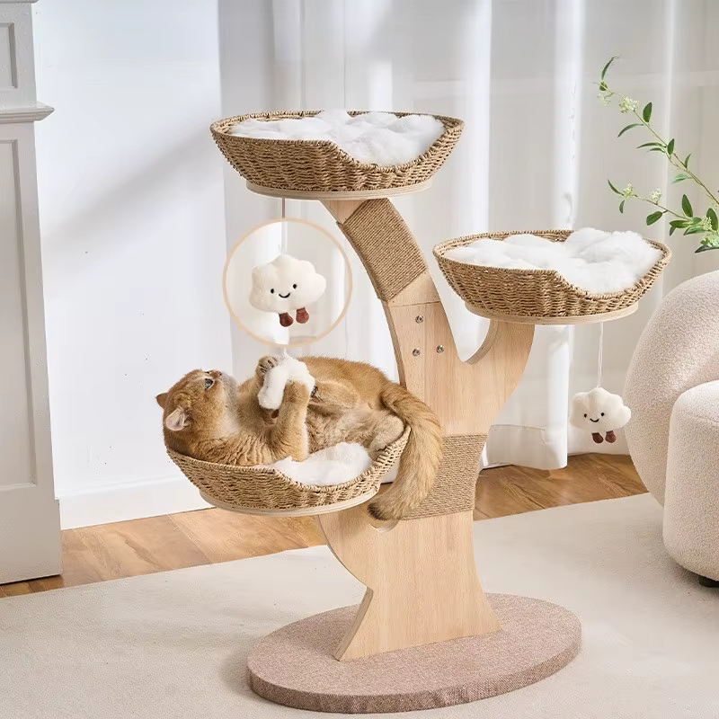 Árbol rascador para gatos interior con sisal, cama de ratán y múltiples niveles - imagen 4