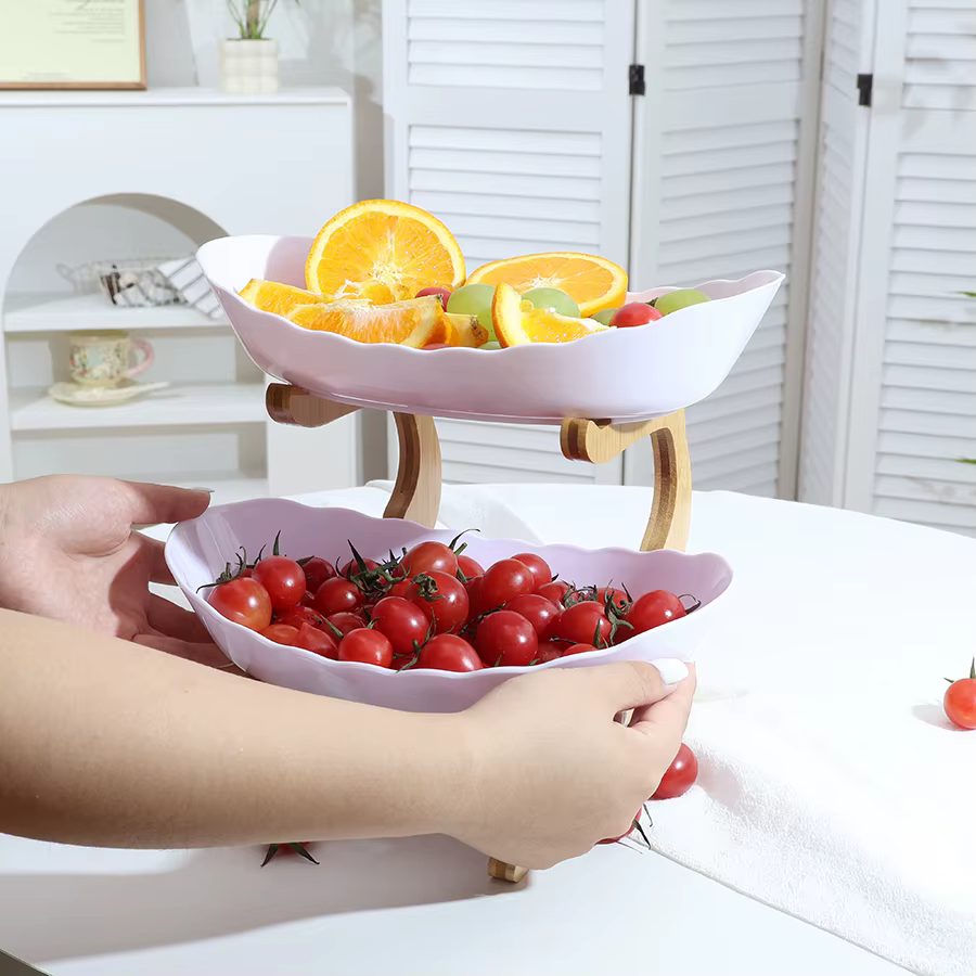 Cesta de Frutas 2 Niveles – Soporte de Bambú para Bocadillos y Dulces - imagen 5
