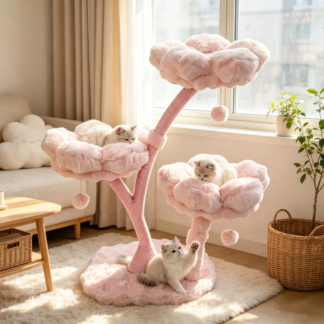 Árbol para Gatos 105 cm en Forma de Flor – Poste Rascador con Cama Acolchada y Juguete - imagen 2