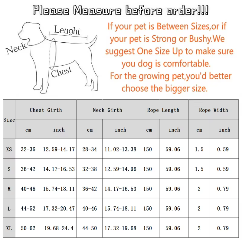 Tabla de medidas del arnés para perro y gato según talla