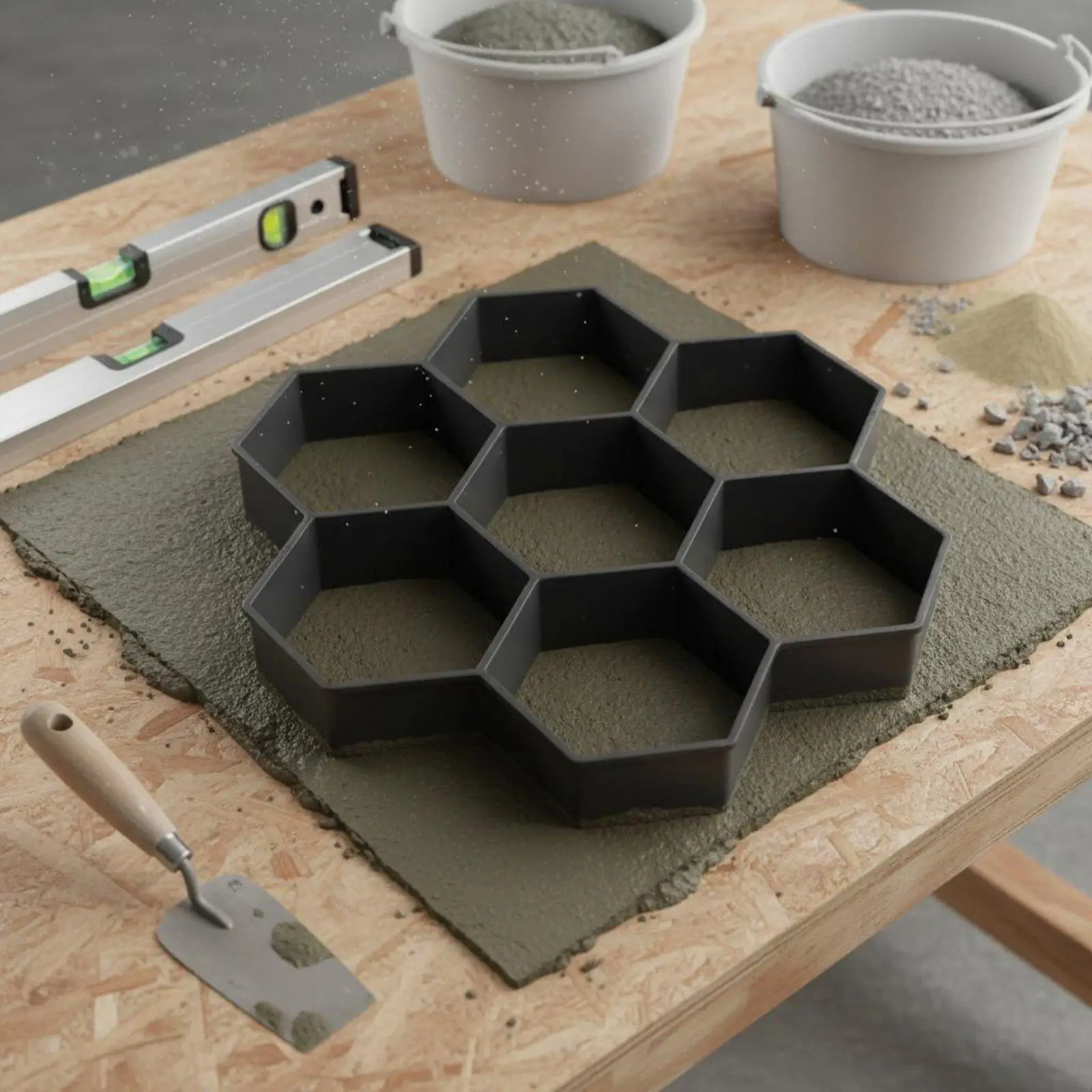 Conjunto de moldes hexagonales para hormigón dispuestos en el suelo