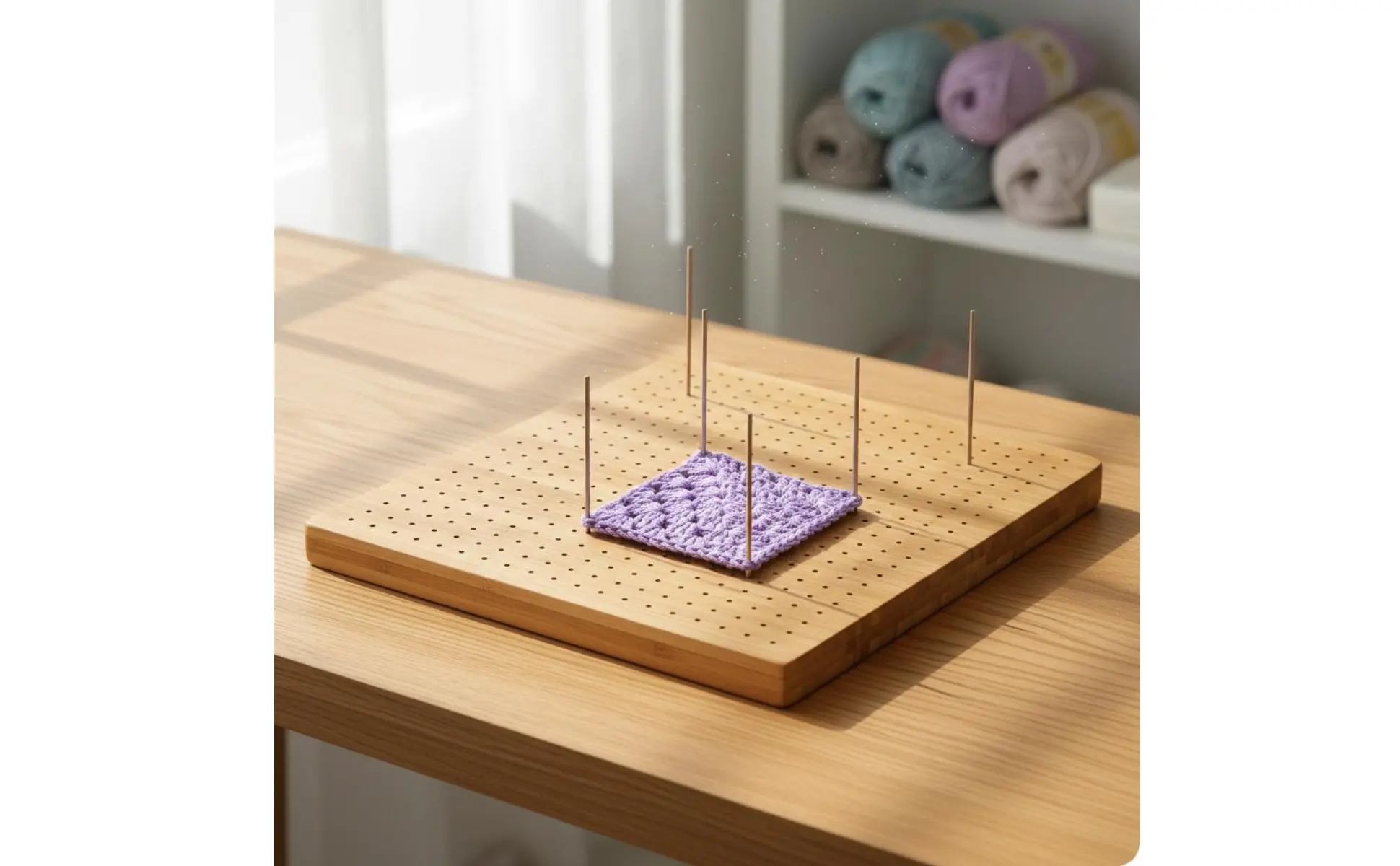 Tabla de bloqueo de bambú con cuadrados granny square enganchados