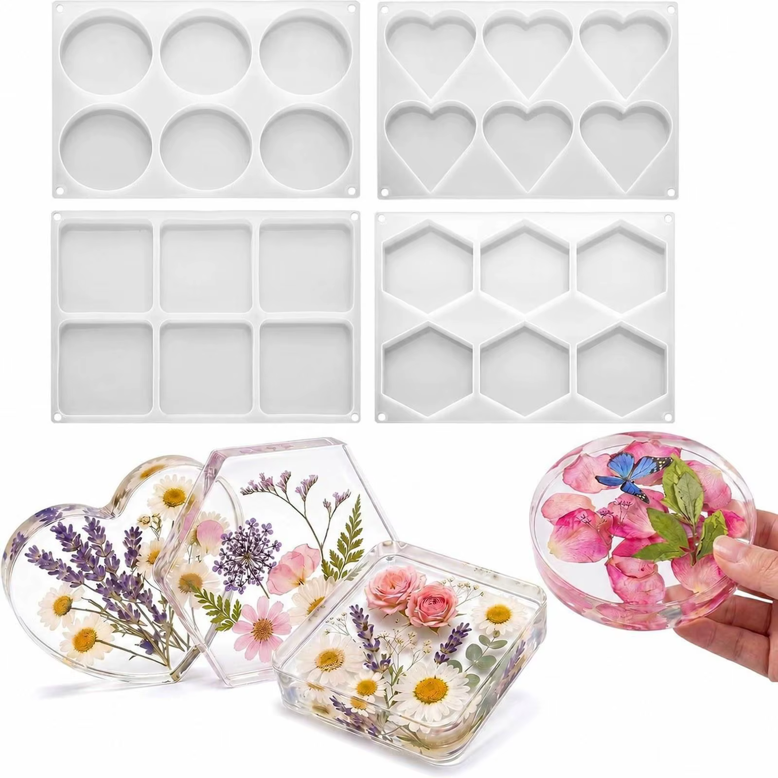 Pack 4 moldes silicona posavasos resina – Redondo, cuadrado y corazón - imagen 5