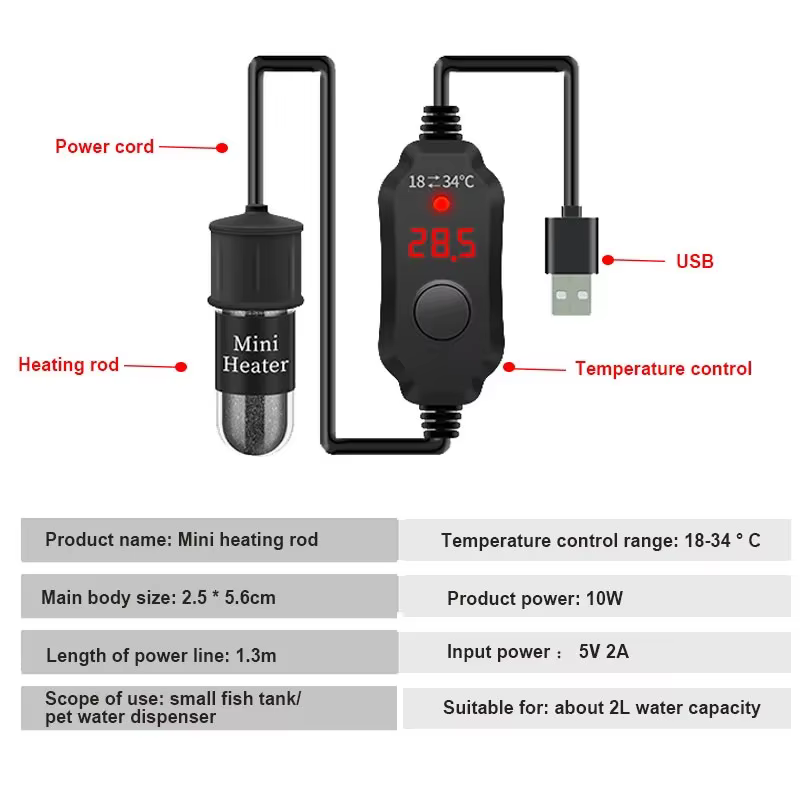 Calentador USB para Acuario y Mini Pecera – Temperatura Ajustable 18-34°C - imagen 3