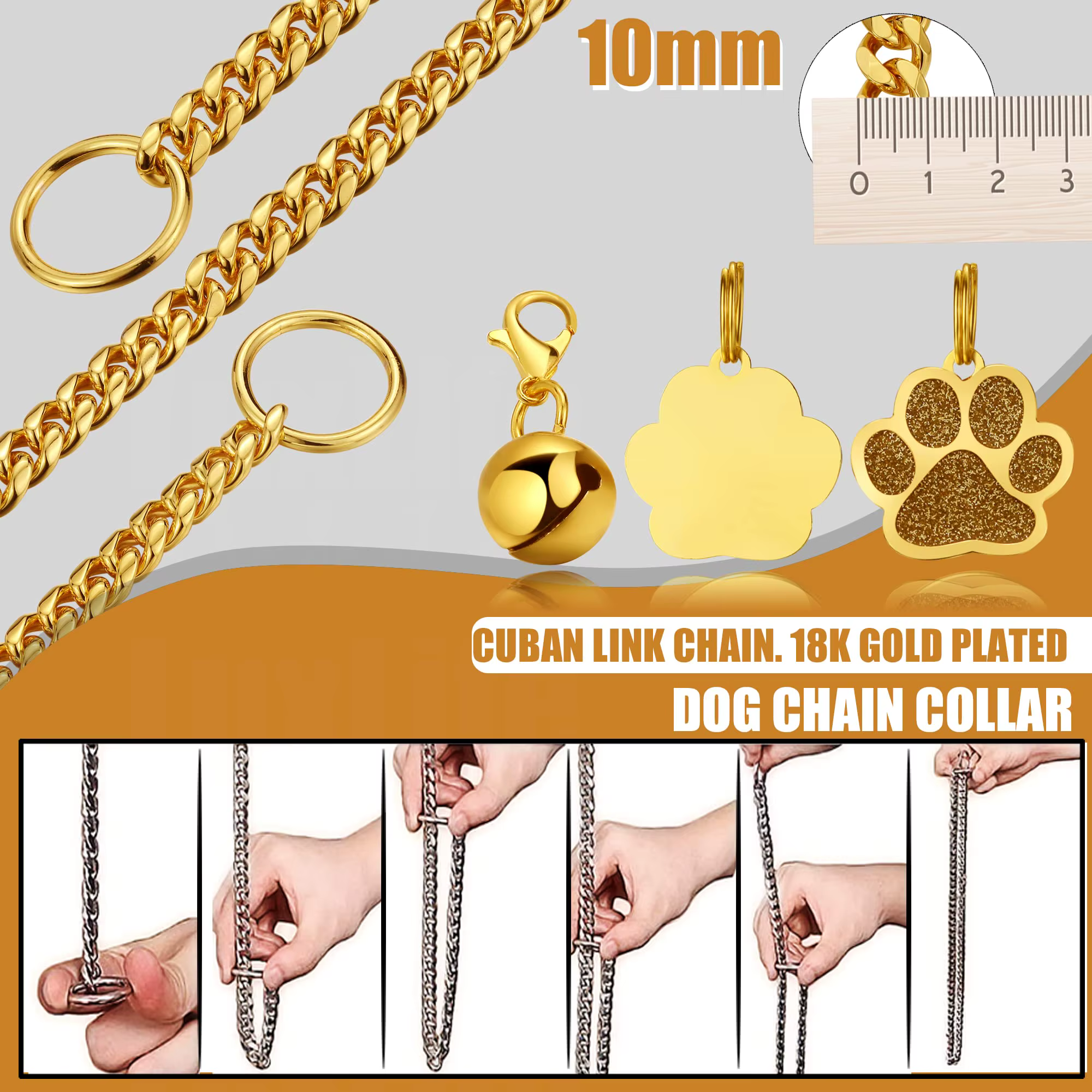 Collar cadena dorada para perros pequeños, medianos y grandes – Eslabones cubanos 10 mm - imagen 4