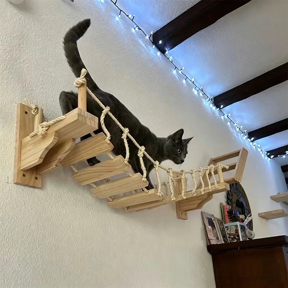 Puente de madera para gatos montado en pared, escalera y estante - imagen 3