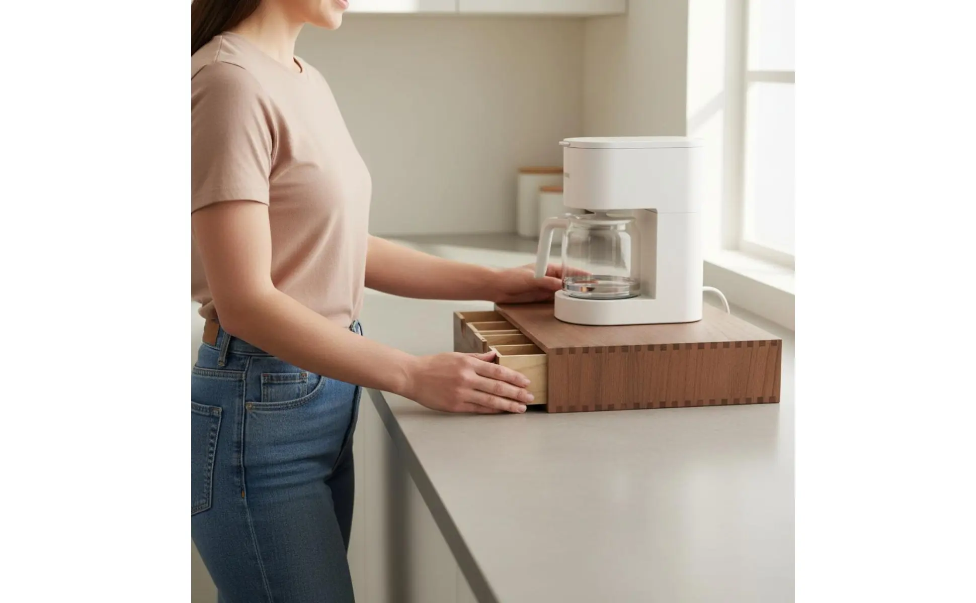 Cajón para cápsulas de café en encimera de cocina