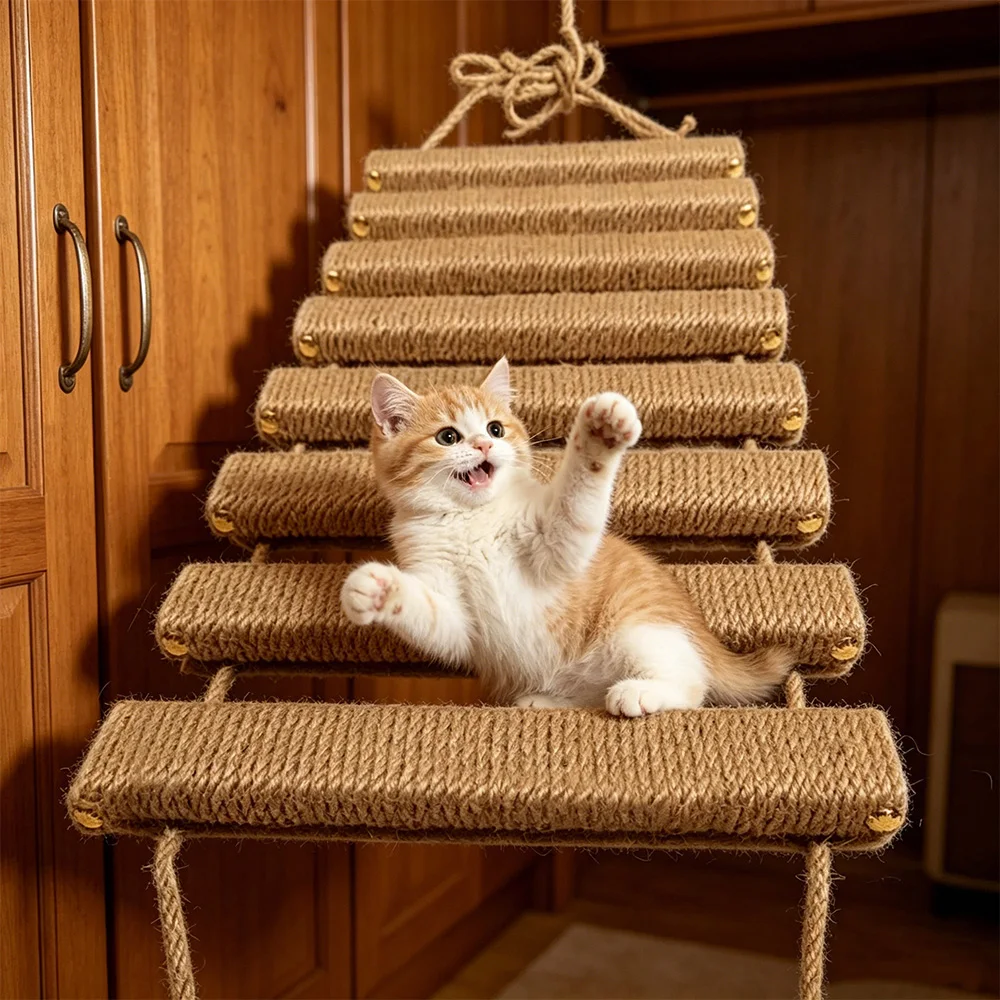 Rascador de pared de madera con sisal y escalera para gatos - imagen 5