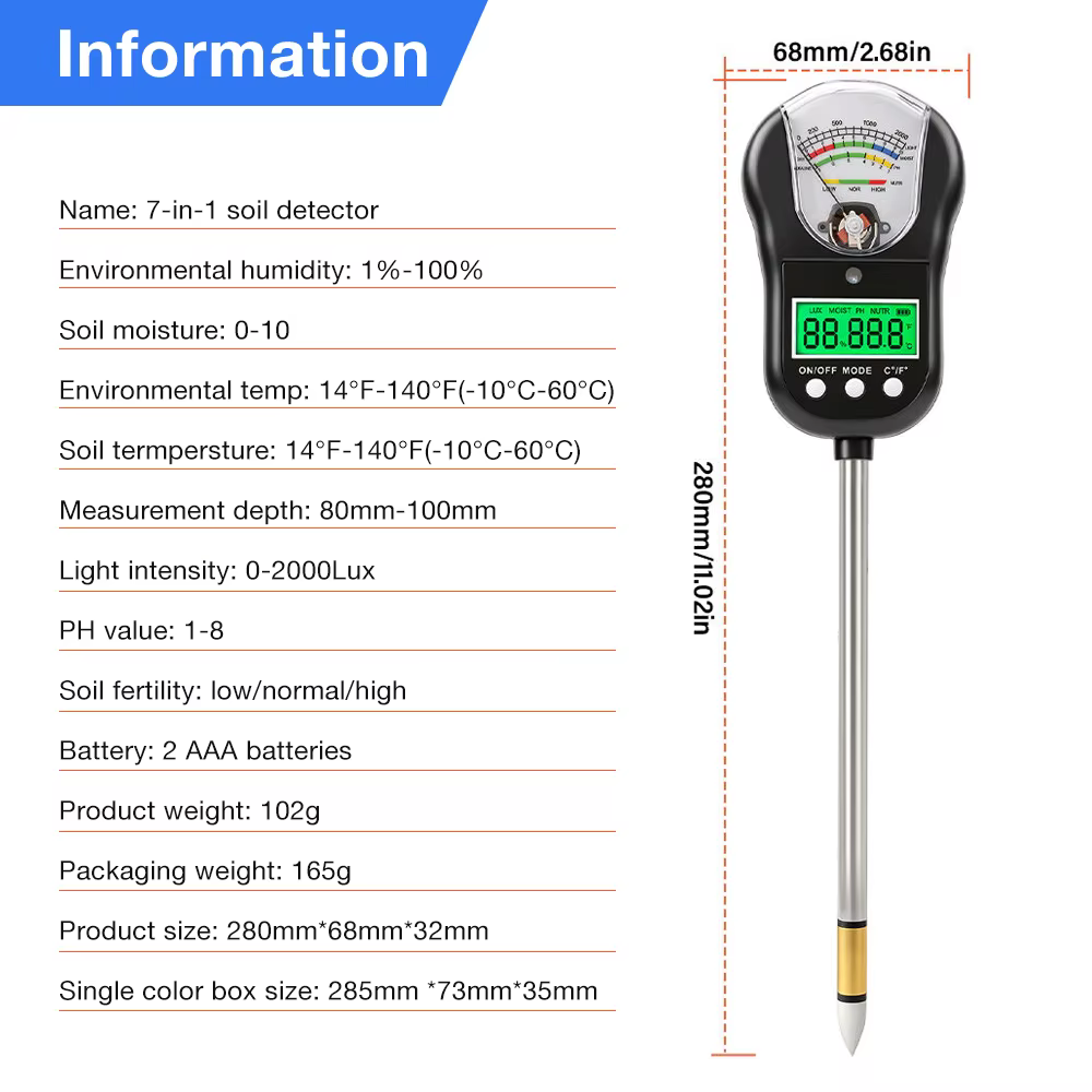 Medidor digital de suelo: pH, humedad, temperatura, luz y fertilidad - imagen 5