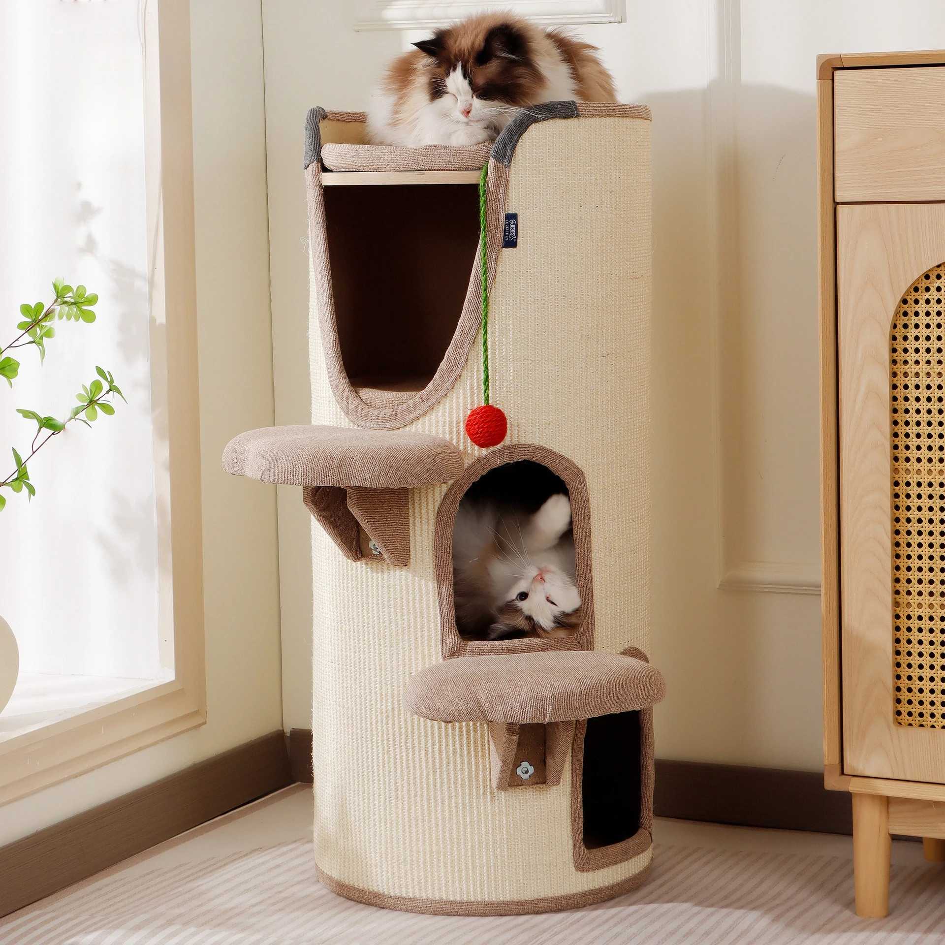 Árbol rascador para gatos con sisal, cama, túnel y juguete