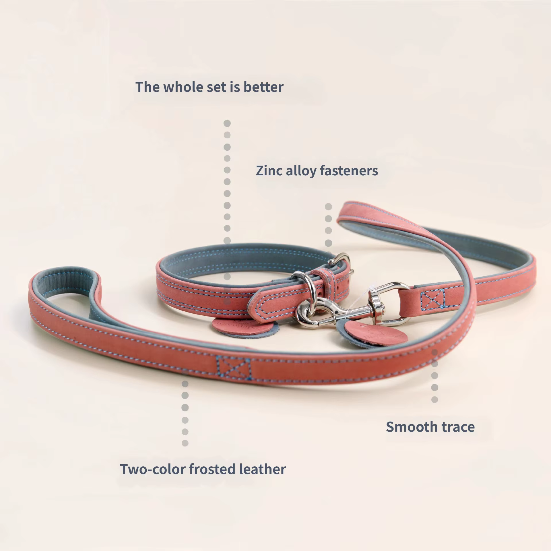 Set collar y correa perro cuero genuino bicolor con doble gancho - imagen 2