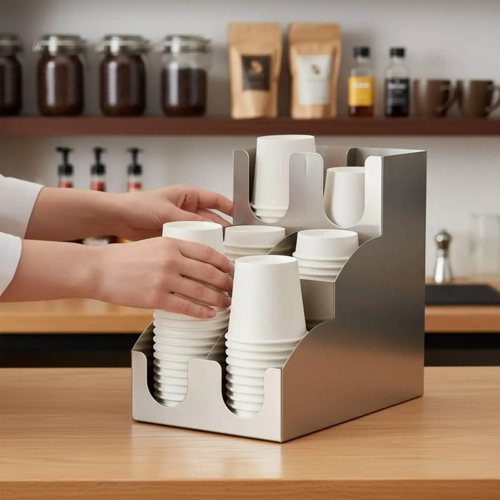 Dispensador Vasos Acero Inoxidable con Compartimentos – Organizador Barra para Café - imagen 5