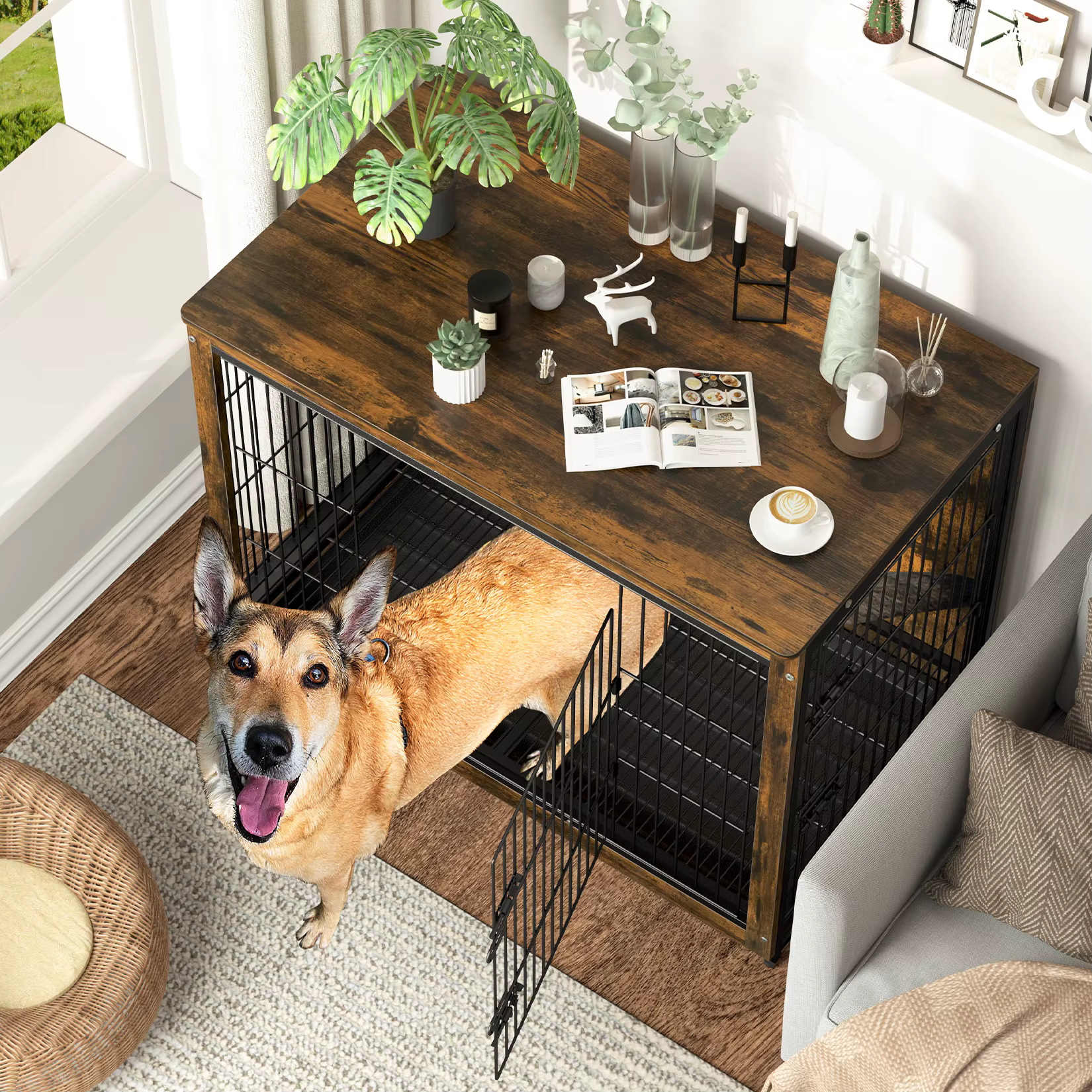 Jaula elevada de madera para perros con doble puerta y bandeja - imagen 4