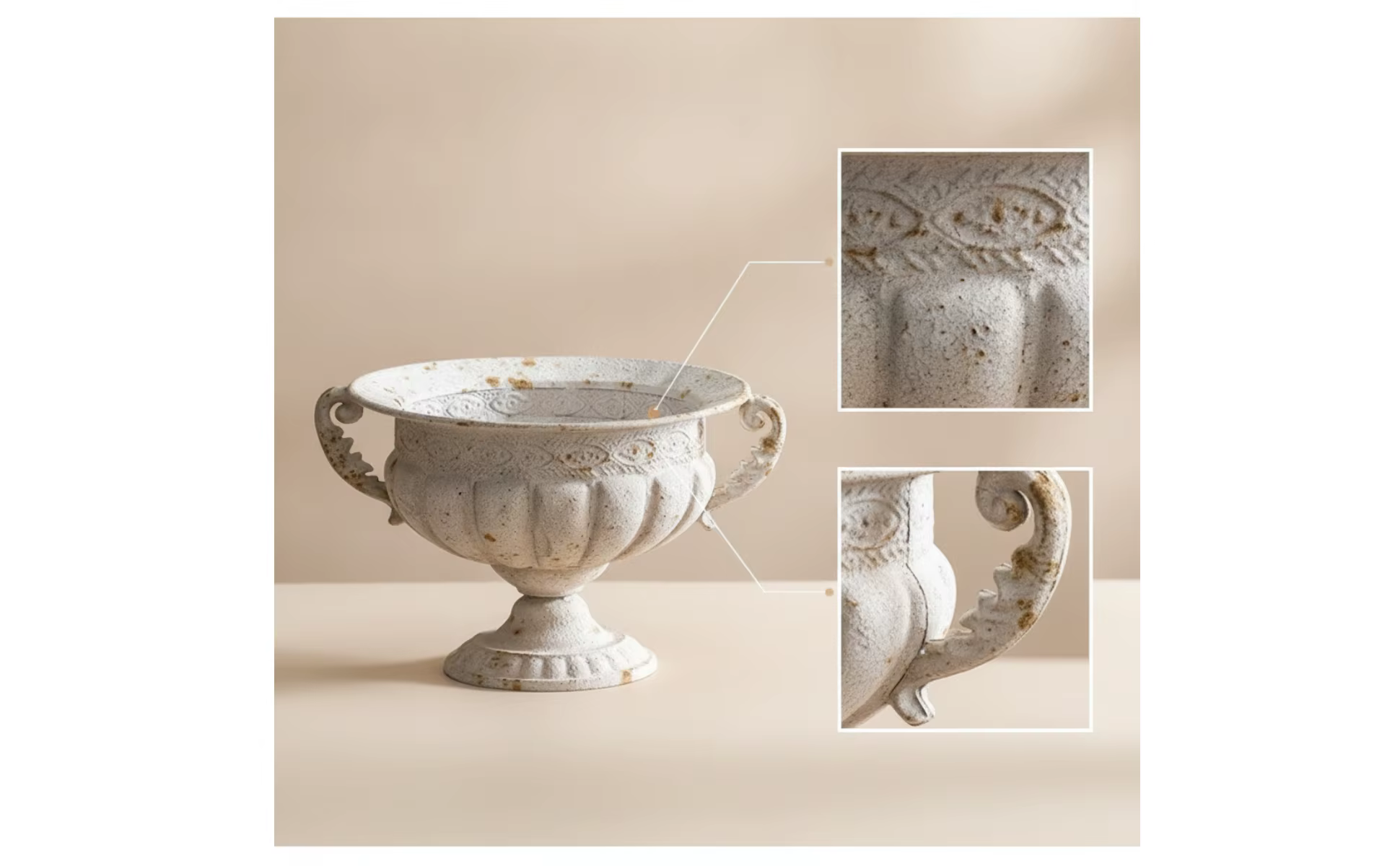 Urna decorativa con pedestal vista frontal acabado blanco envejecido